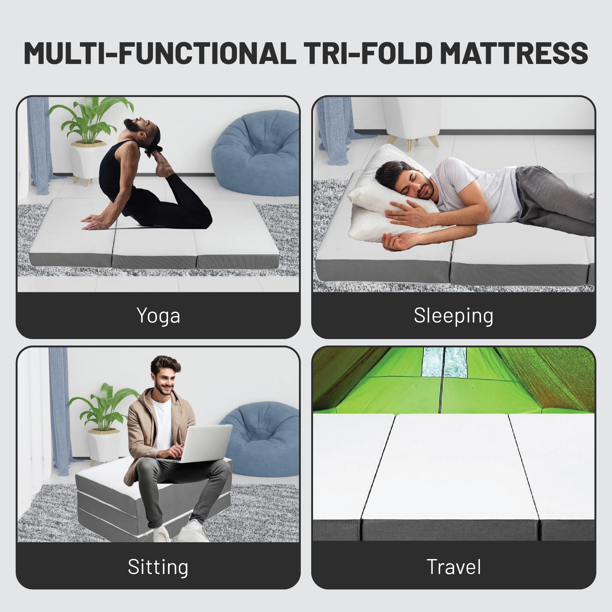 4-Inch Tri-Folding Gel Memory Foam Mattress - Portable Lightweight Foldable Bed with Washable Cover - Perfect for Camping, Guest Beds & Small Spaces - 25