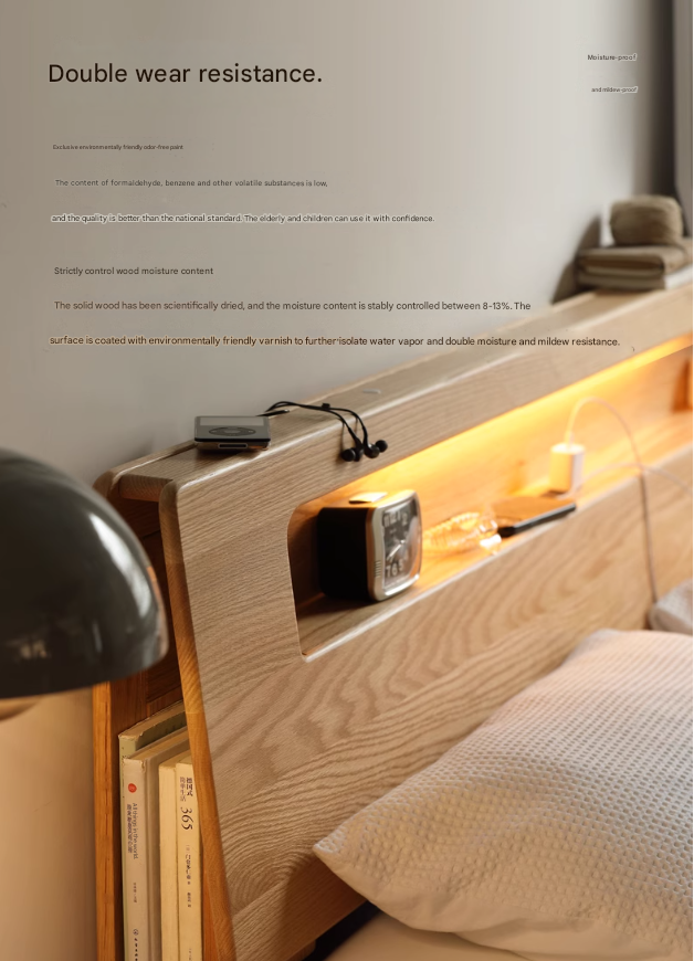 Solid Oak and Beech Wood Bed with Built-in LED Lights and Bookshelf - Modern Bedroom Furniture for Small Spaces, Lofts, and Studio Apartments