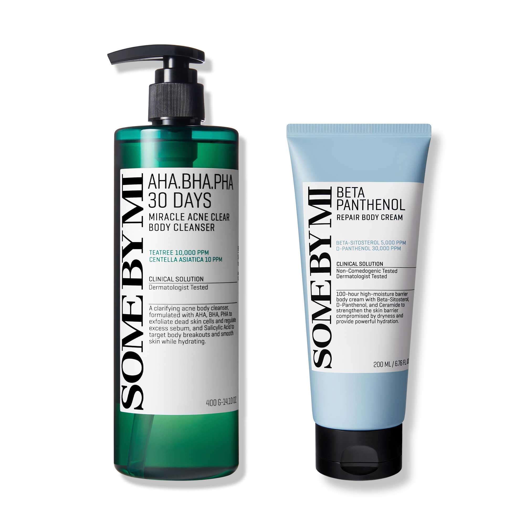 SOME BY MI AHA BHA PHA 30 Days Miracle Acne Clear Body Wash & Beta-Panthenol Repair Body Cream Set - Korean Skincare for Acne-Prone Skin, Exfoliating & Hydrating Body Care for Daily Shower & Post-Workout Routine