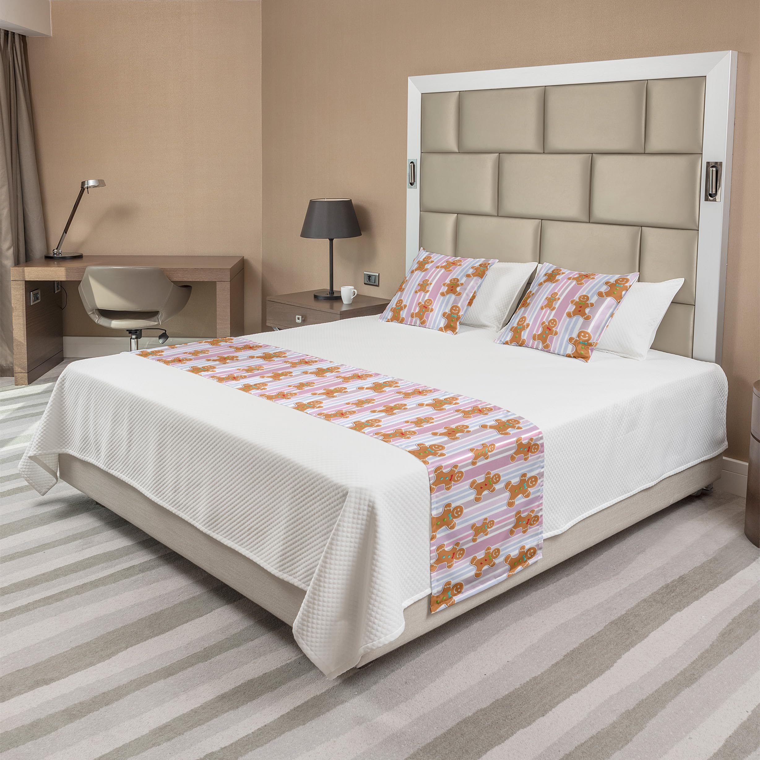 Ambesonne Gingerbread Man Christmas Bed Runner Set - Pastel Striped Bakery Themed Decorative Bed Scarf & Pillow Sham for Queen Size Beds - Perfect for Holiday Home Decor, Hotels & Cozy Winter Bedrooms