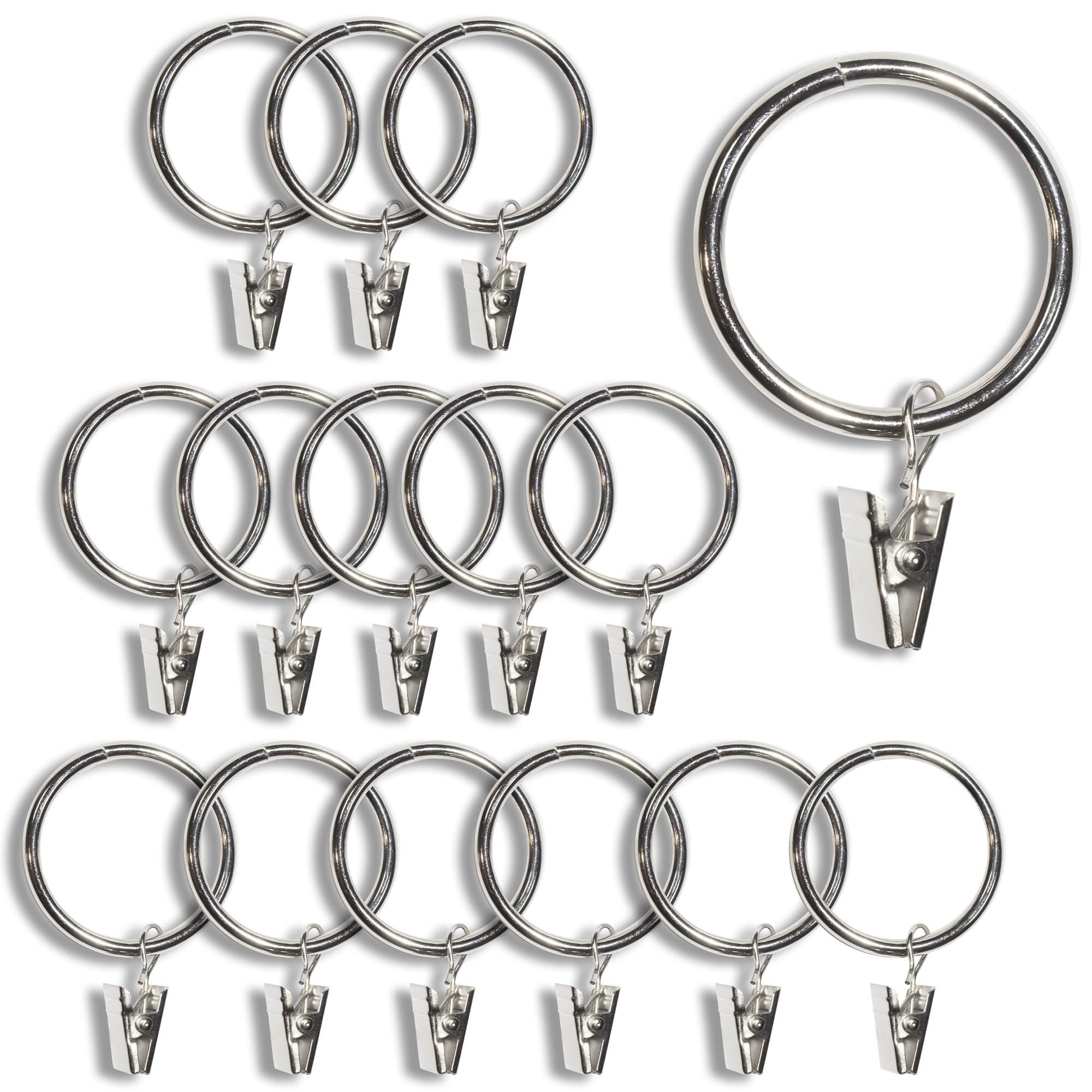 TRMESIA 15 Pack Silver Metal Curtain Rings with Clips - 1.5 Inch Inner Diameter for 1