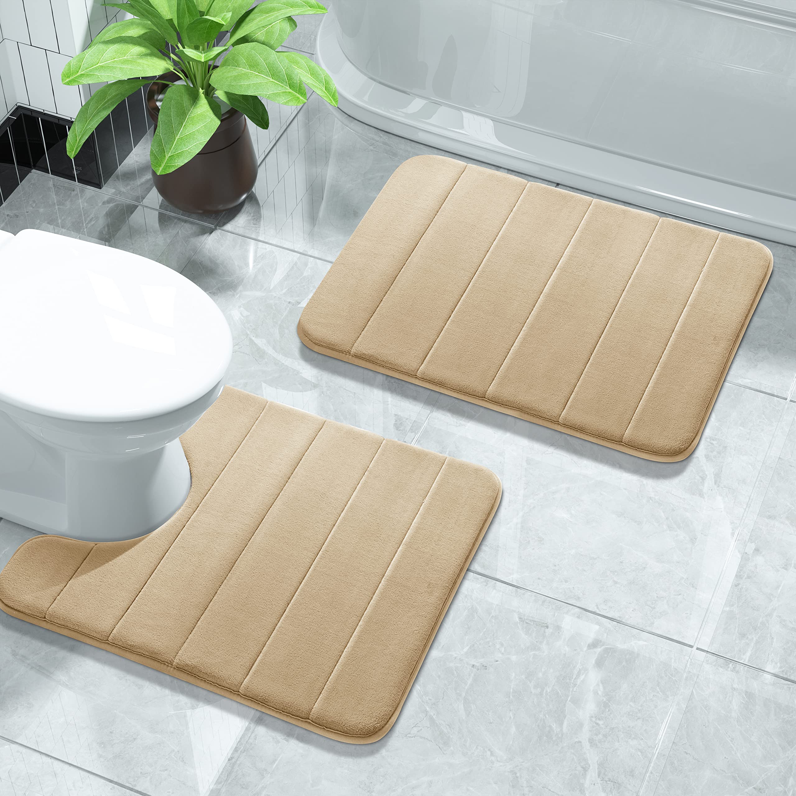Yimobra Memory Foam Bath Mat Set - 2 Piece Soft Non-Slip Bathroom Rugs (17x24 & 24x20.4 Inches) - Ultra Absorbent Quick-Dry U-Shaped Toilet Mats for Bathroom Floor - Perfect for Showers, Bathtubs & Sink Areas - Beige