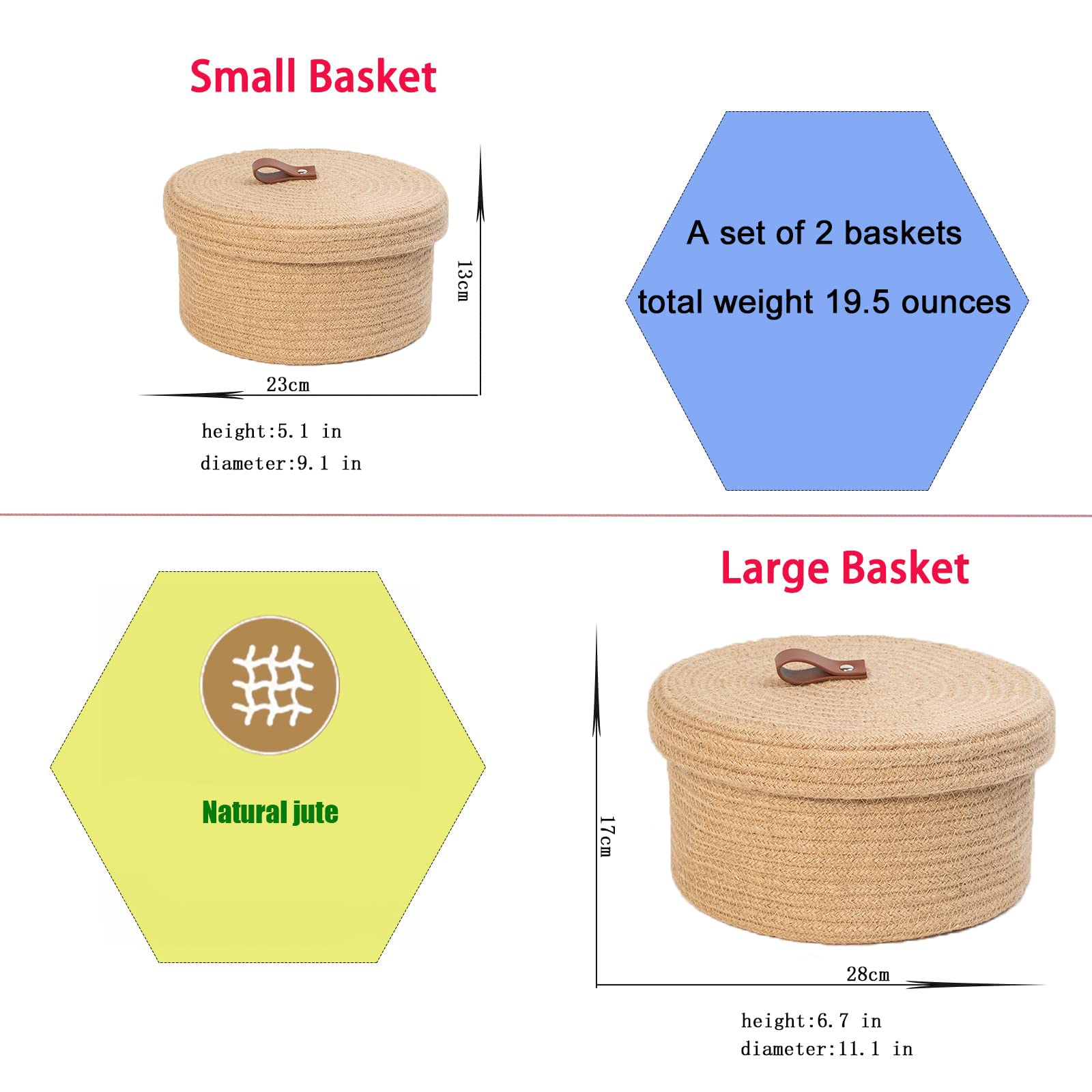 Natural Jute Rope Woven Storage Baskets with Lids & Genuine Leather Handles - Set of 2 (Large & Small) for Home Organization | Decorative Storage Bins for Bedroom, Bathroom & Living Room Clutter Control