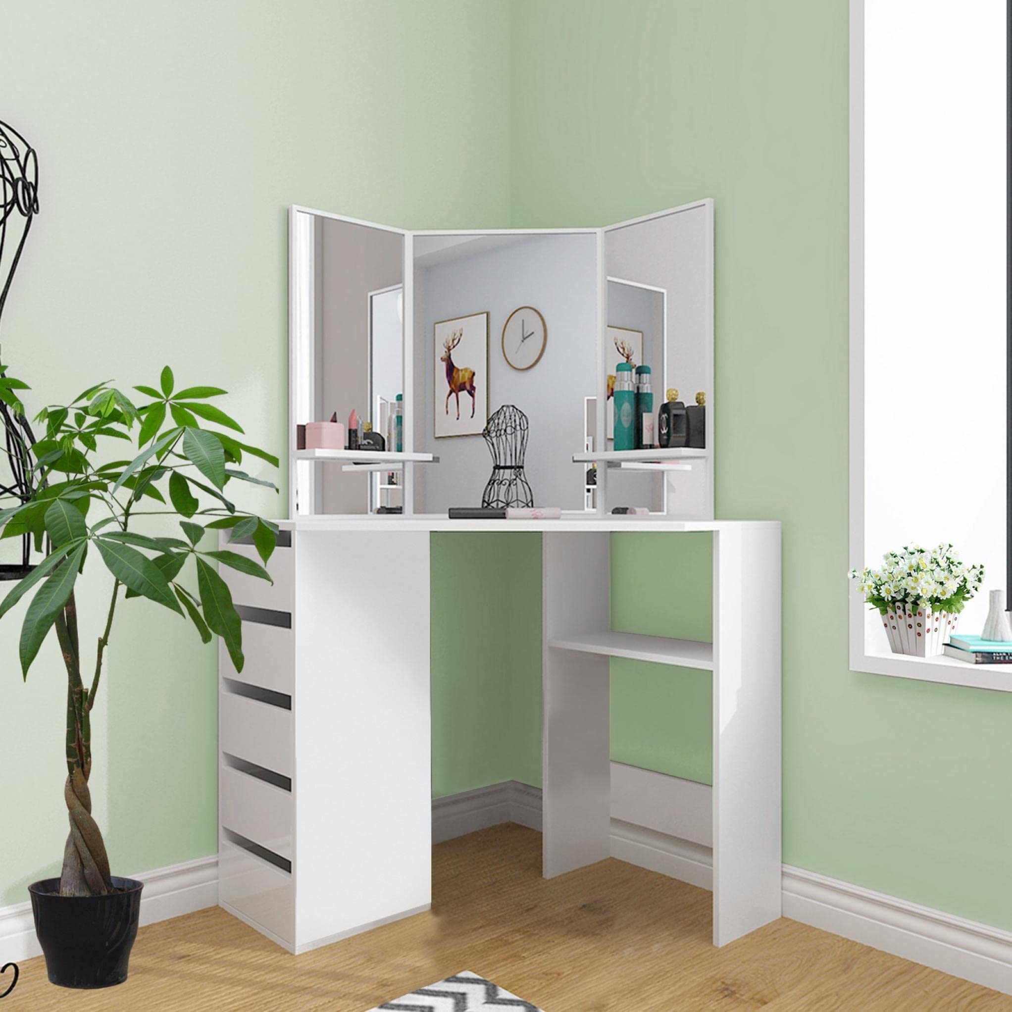 Compact White Corner Vanity Table with Foldable Mirrors, Drawers & Storage Shelf - Space-Saving Makeup Dressing Table for Bedroom, Perfect for Small Spaces & Daily Beauty Routine