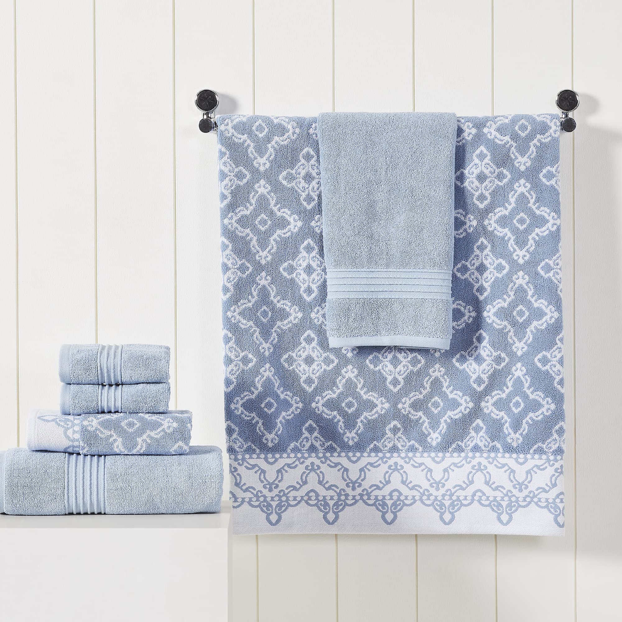 Premium 6-Piece Bath Towel Set - 2 Bath Towels, 2 Hand Towels & 2 Washcloths | Yarn-Dyed Jacquard & Solid Design in Charlize Blue | Soft & Absorbent for Spa, Bathroom & Guest Use