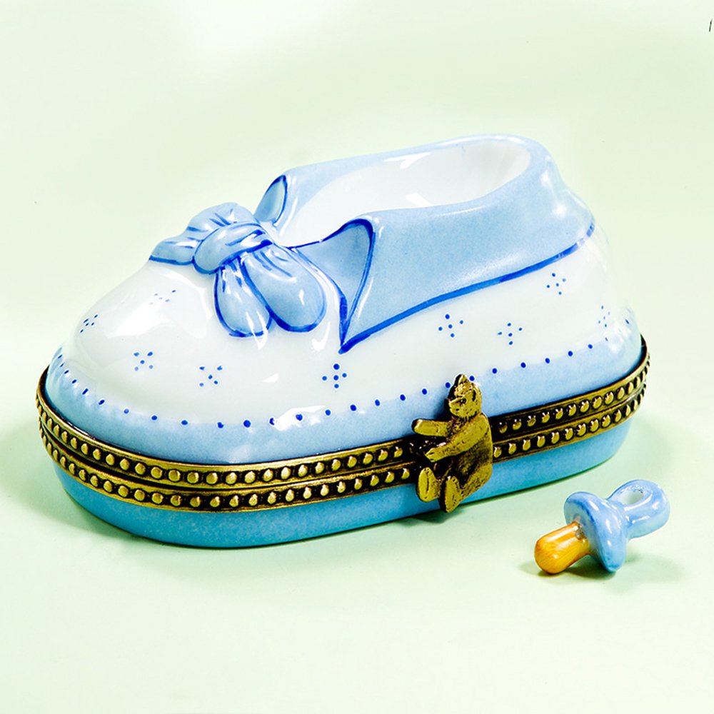 Authentic Limoges French Hand-Painted Baby Boy Shoe with Pacifier Box - Perfect Christening Gift, Baby Shower Present & Nursery Decor