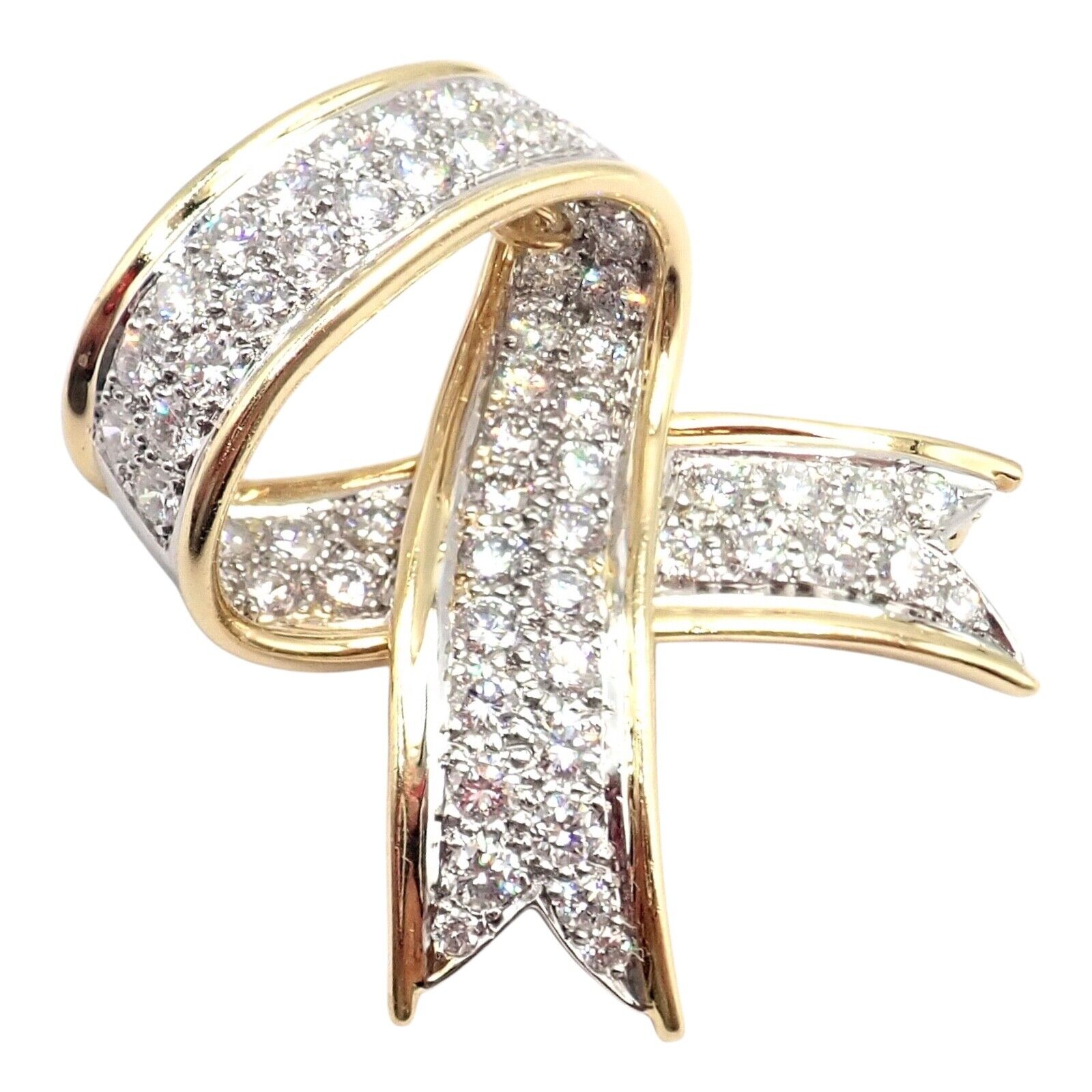 Vintage Tiffany & Co 18k Yellow Gold Platinum Diamond Ribbon Bow Pin Brooch - Elegant Jewelry for Women, Perfect for Weddings, Parties & Special Occasions