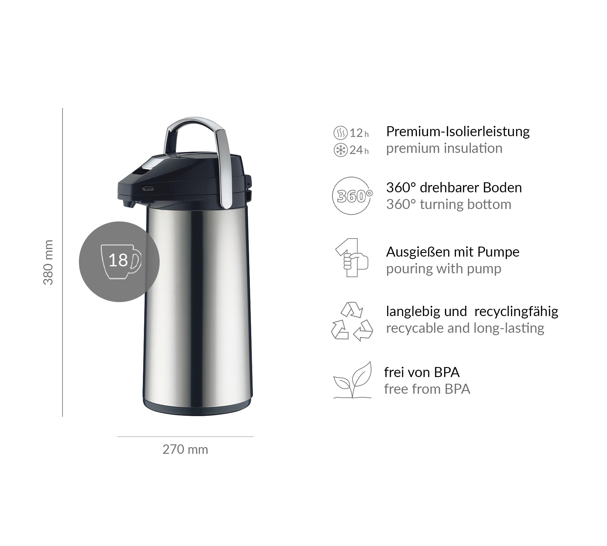 ALFI Premium 2.2L Stainless Steel Drink Dispenser with Tempered Glass - 12-Hour Heat & 24-Hour Cold Retention - 360° Rotating Base for Coffee, Tea, Lemonade & Party Beverages - Ideal for Home, Office & Outdoor Gatherings