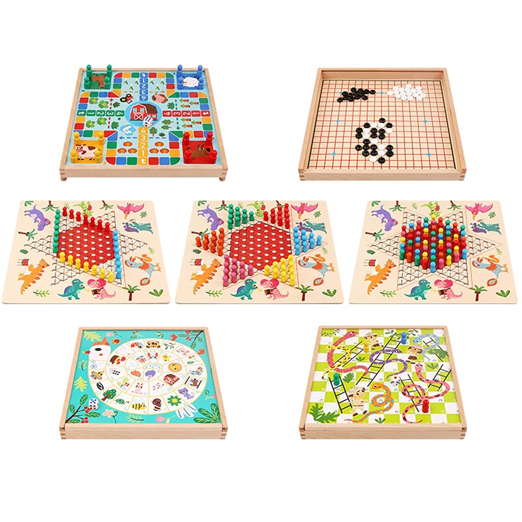 BIAOYU 7-in-1 Wooden Reversible Board Game Set - Ludo, Chinese Checkers & Flying Chess for Family Game Night - Fun Strategy Games for Adults & Kids - Perfect for Parties, Family Gatherings & Indoor Entertainment