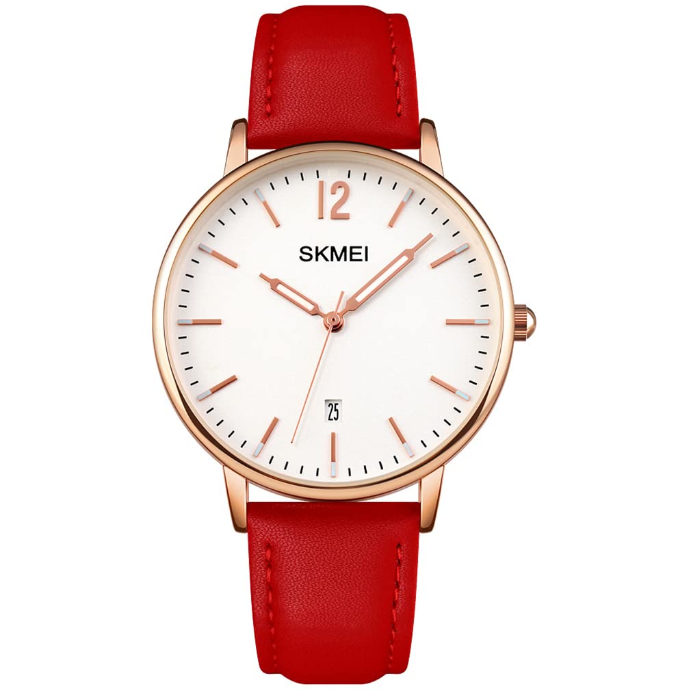 SKMEI Women's Fashion Watch - Leather Band, Large Face, Waterproof, Minimalist Design with Date & Luminous Hands - Perfect for Casual, Office & Dress Wear - Ideal Gift for Women & Young Girls (White)