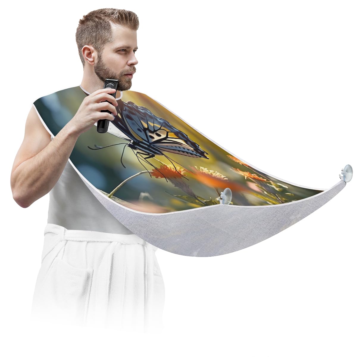 Men's Spring Butterfly Flower Beard Shaving Bib - Waterproof Makeup & Hair Dye Apron for Barbers, Stylists & DIY Grooming | Sink Hair Catcher & Beard Trimming Accessory | Perfect for Salon, Home Use & Grooming Gifts