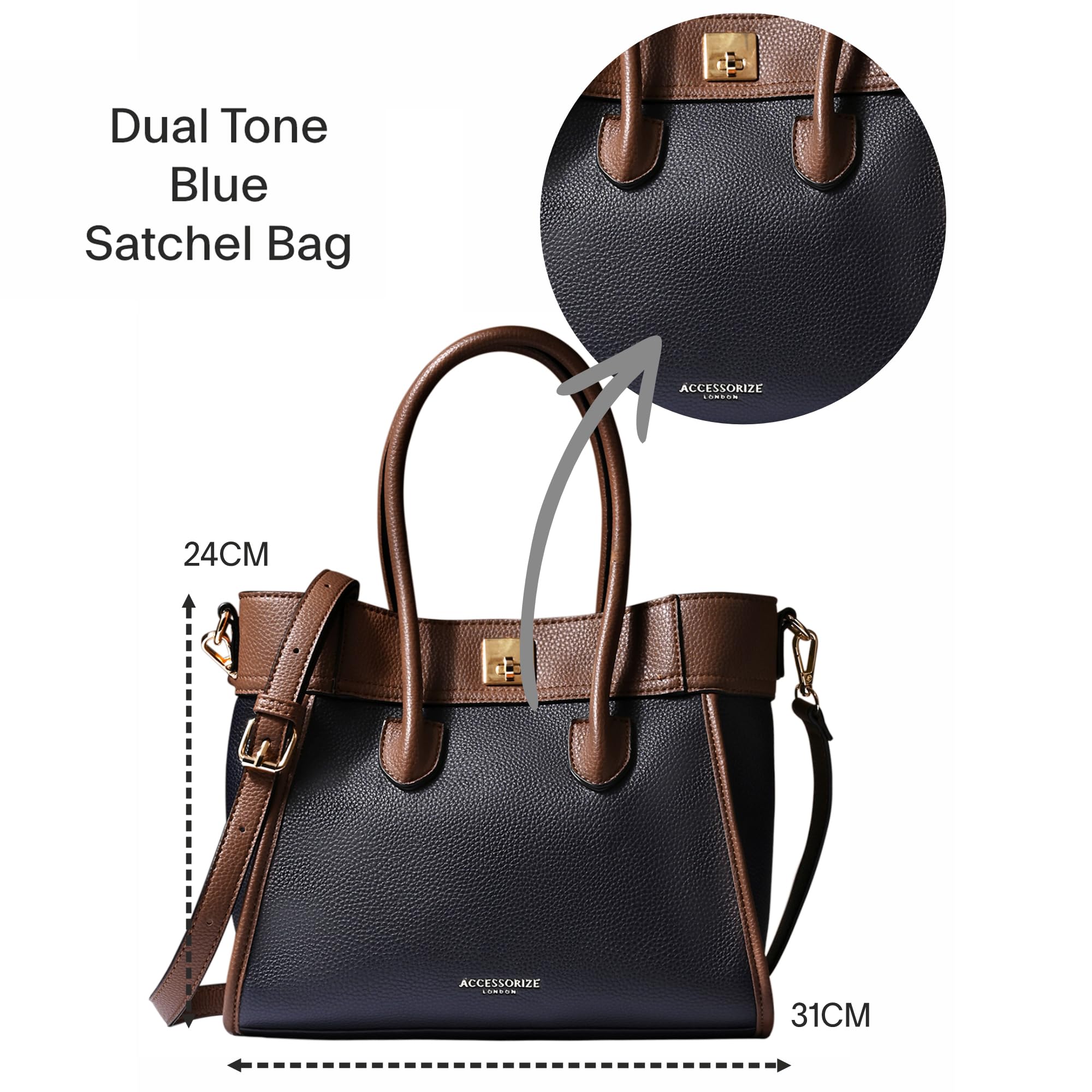 Accessorize London Women's Dual Tone Satchel Handbag with Detachable Adjustable Strap - Stylish Tote Purse for Office, Work & Everyday Use | Professional Women's Work Bag | Fashionable Shoulder Bag for Business, Commuting & Travel