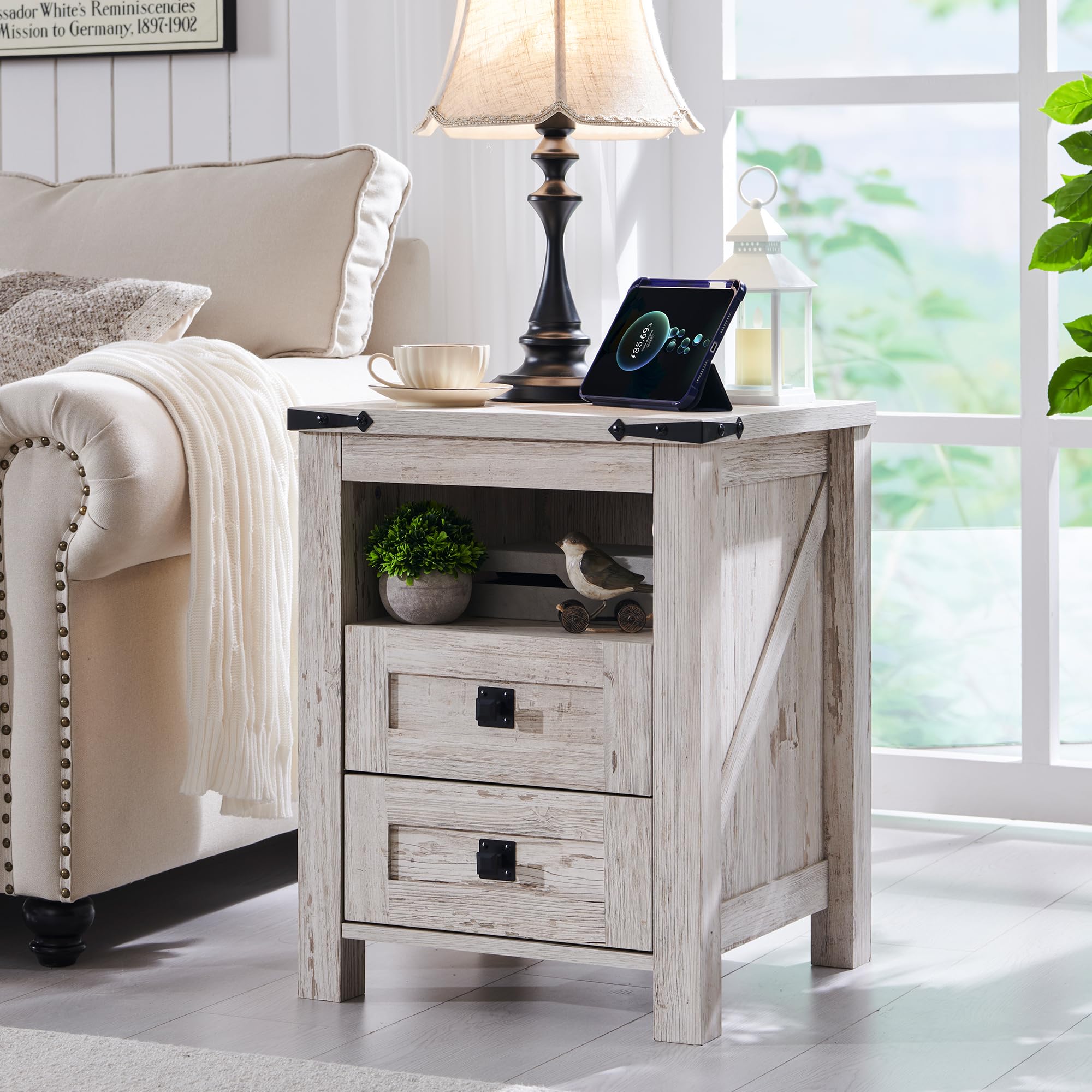 T4TREAM Nightstand with USB Charging Station, 2-Drawer Storage Cabinet - Rustic Wood End Table for Bedroom, Living Room & Farmhouse Decor - Antique White Finish | Perfect Bedside Table with Phone Charger & Storage Space