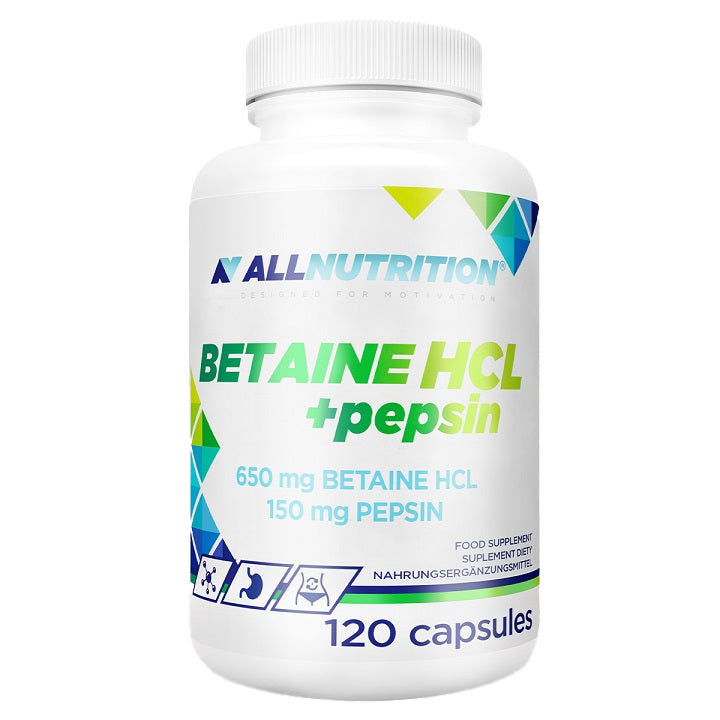 Allnutrition Betaine HCl + Pepsin Supplement - 120 Capsules for Digestive Support & Stomach Acid Balance - Ideal for Gut Health & Nutrient Absorption