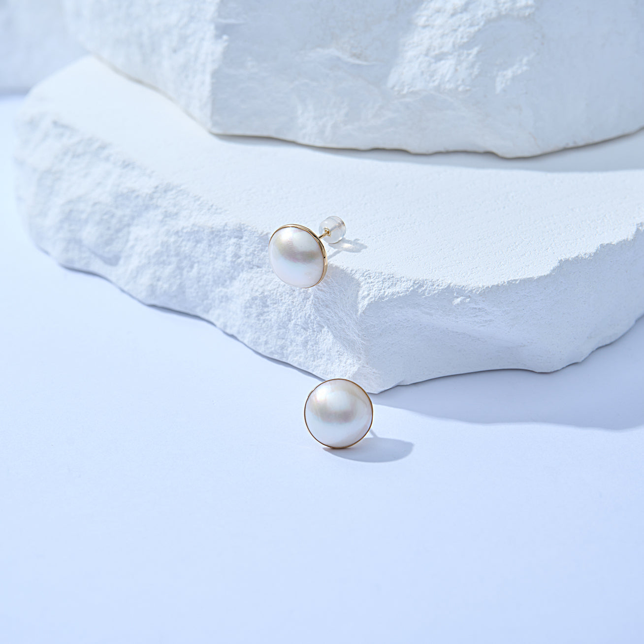 18K Gold Mabe Pearl Earrings KE00024 | Elegant Dome Stud Earrings for Women | Perfect for Weddings, Parties & Special Occasions