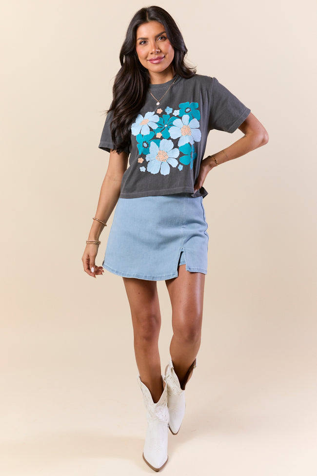 Organic Floral Print Grey Boxy Graphic Tee - Women's Casual Loose Fit Cotton Shirt for Spring Summer Outfits, Streetwear & Layering