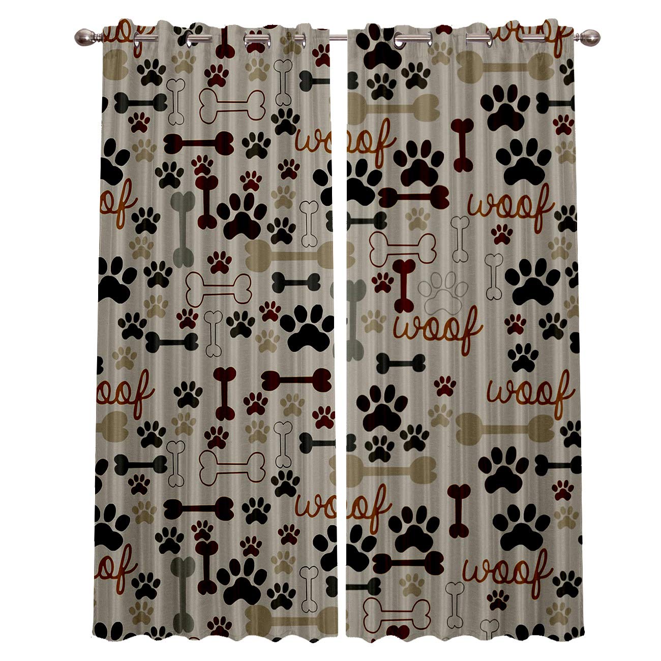 Blackout Curtains for Bedroom & Living Room - Thermal Insulated Room Darkening Curtains with Cartoon Dog Paw Print & Bones Design - 2 Panels Set (52x52 Inch) - Perfect for Home Theater, Nursery & Light Sleepers