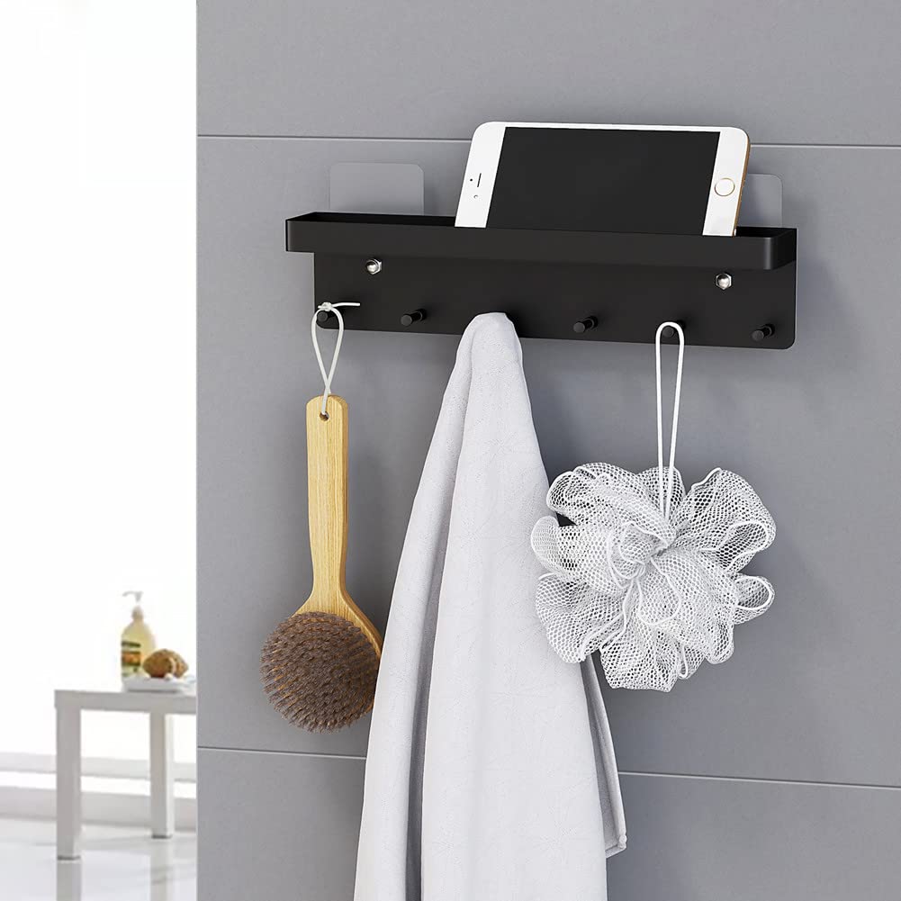 6-Hook Wall Mount Key Holder with Mail Organizer - No Drill Adhesive Key Rack with Tray for Entryway, Hallway, Kitchen & Office - Perfect for Home Organization & Space Saving (Black)
