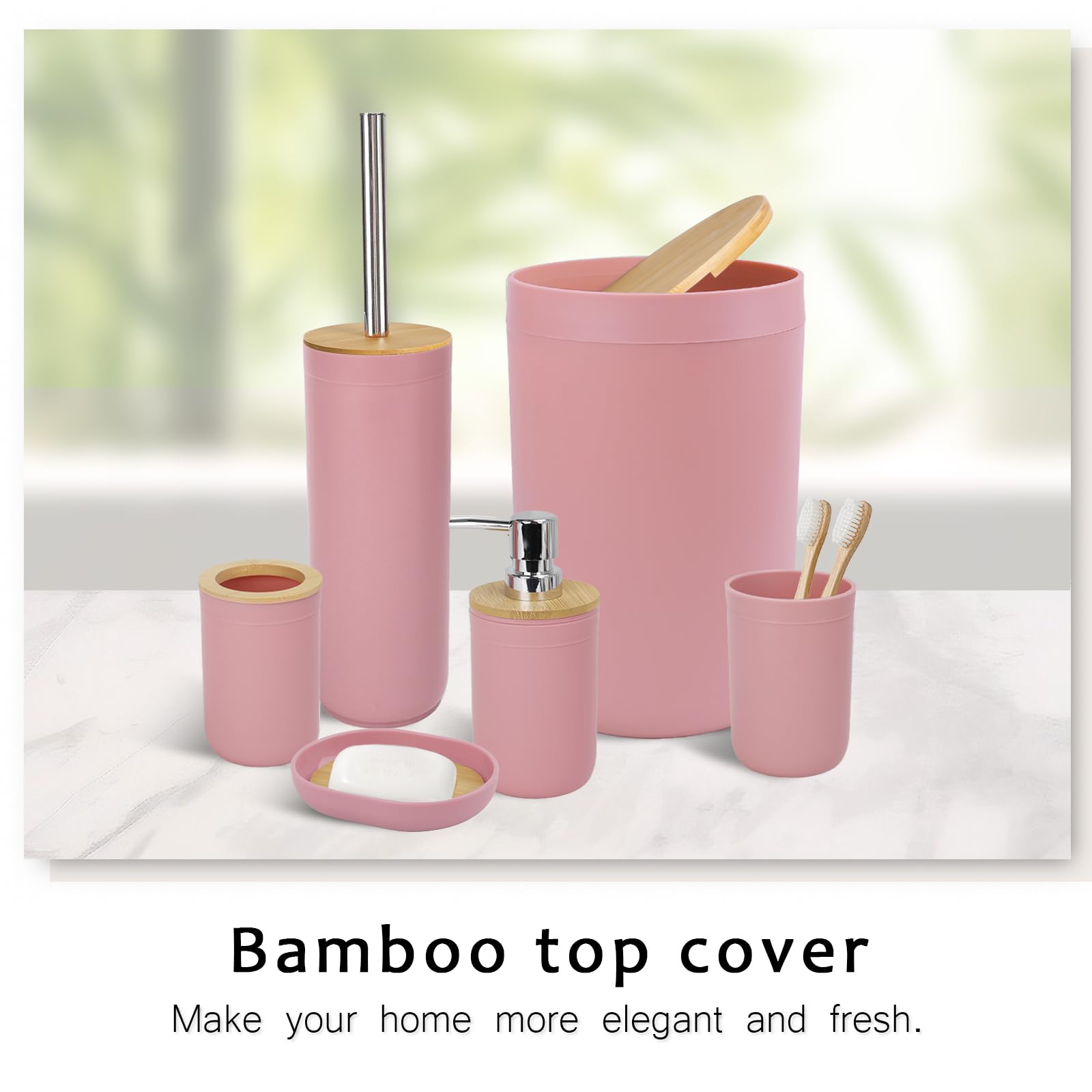 CERBIOR 6-Piece Bamboo Bathroom Accessories Set - Includes Soap Dispenser, Toothbrush Holder, Cup & Soap Dish - Modern Pink Bath Decor for Countertop - Perfect Housewarming Gift for Home & Apartment Decor