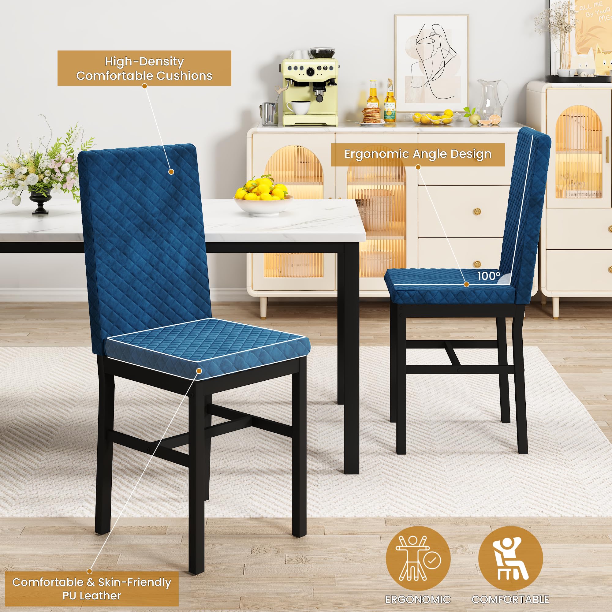 DKLGG 4-Piece Dining Table Set - Faux Marble Kitchen Table with 4 Velvet Upholstered Chairs, Compact Space-Saving Design for Apartments & Small Homes (White & Blue) - Perfect for Breakfast Nooks, Studio Apartments & Cozy Dining Areas
