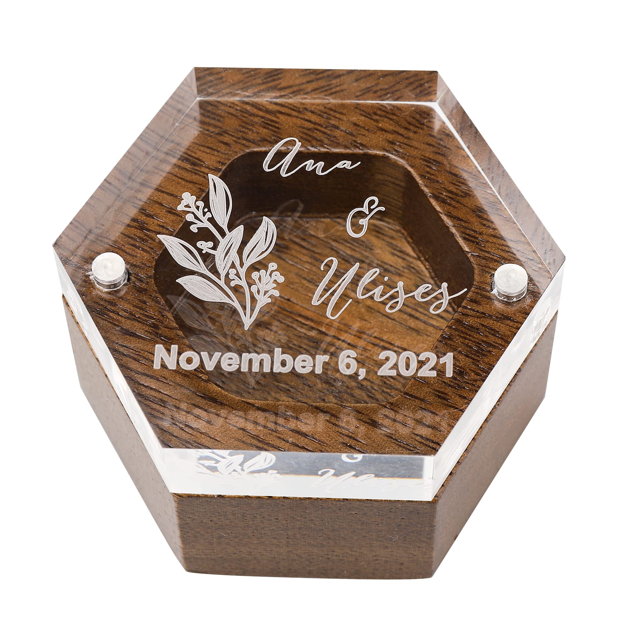 Personalized Hexagon Ring Box with Clear Acrylic Lid & Engraved Wood Base - Wedding Ring Bearer Box for Proposal, Engagement & Ceremony | Perfect Gift for Couples, Anniversary & Romantic Occasions