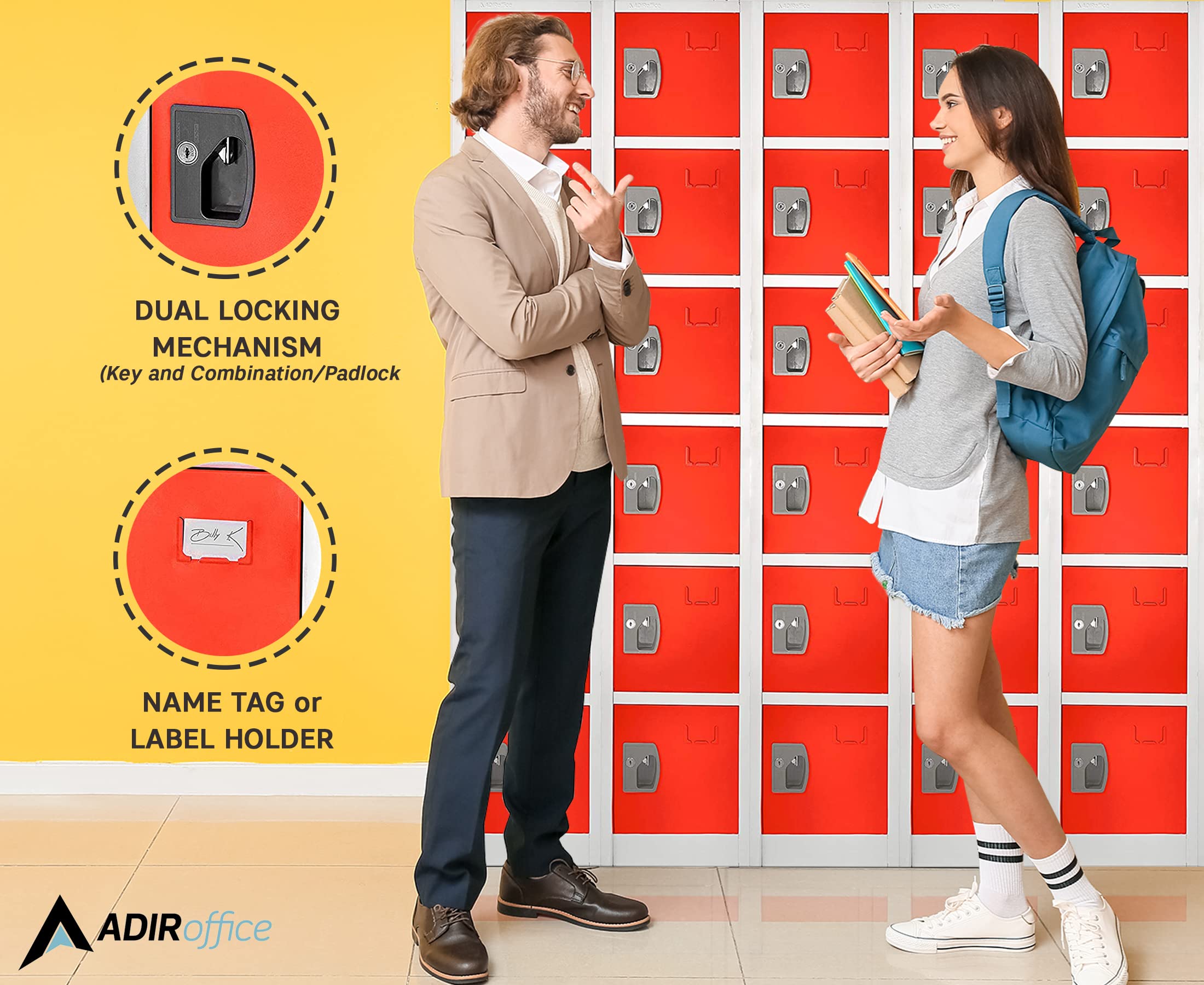 AdirOffice Large 6-Door School Locker with Hooks - Heavy Duty Metal Storage Cabinet for Garage, Office & Classroom Organization (Red) - Perfect for School Supplies, Sports Equipment & Tool Storage