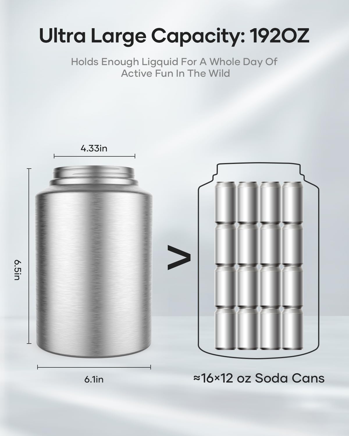 BUZIO 1.5 Gallon (192 oz) Stainless Steel Insulated Water Bottle - Double Wall Vacuum Leak Proof Flask with 2 Cups - Keeps Cold 48 Hours - Large Metal Canteen for Camping, Hiking, Gym, Office & Outdoor Activities