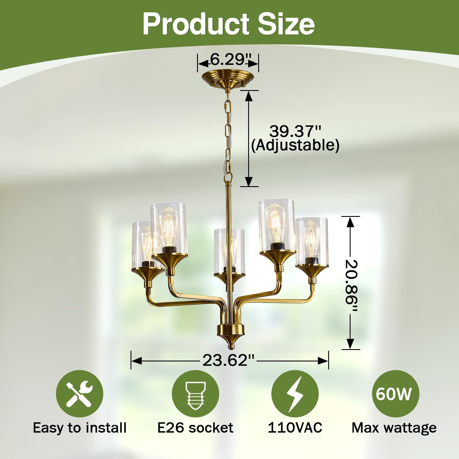 Gold 5-Lights Glass Chandelier - Rustic Metal Pendant Ceiling Light Fixture for Farmhouse, Kitchen, Living Room, Foyer & Dining Room | Elegant Lighting for Home Decor & Special Occasions