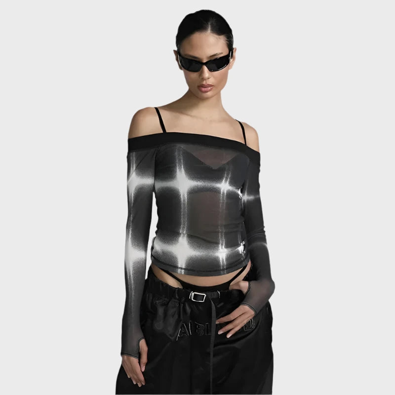 Black Printed Mesh Transparent Crop Top - Y2K Korean Fashion Women's Off Shoulder Long Sleeve Tee Shirt | Trendy Streetwear for Casual Outings & Nightlife