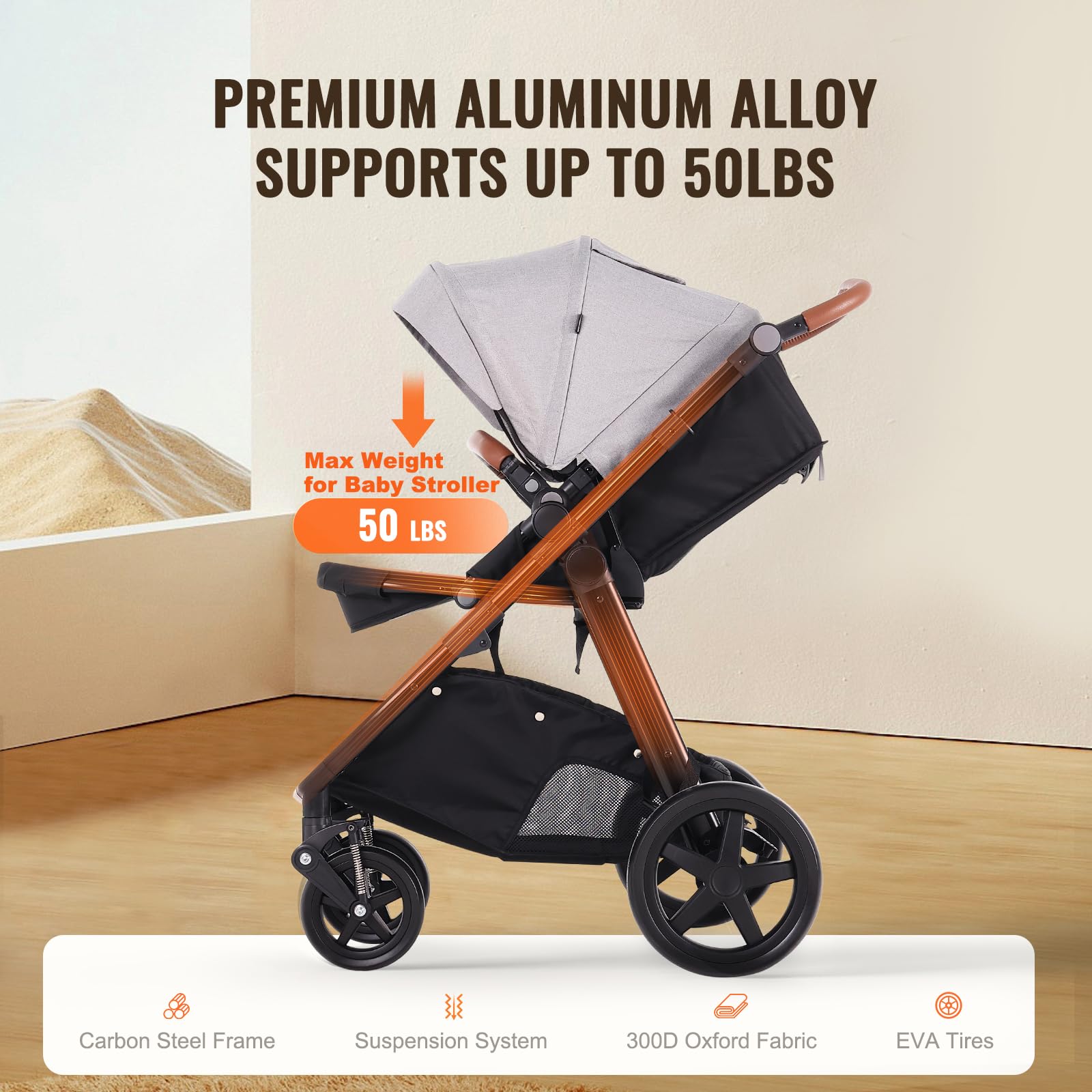 VEVOR 2-in-1 Travel System Stroller with Bassinet & Reversible Seat | Light Gray Baby Stroller Combo with One-Button Fold, EVA Tires & Brake | Perfect for Newborns, Shopping & Outdoor Walks