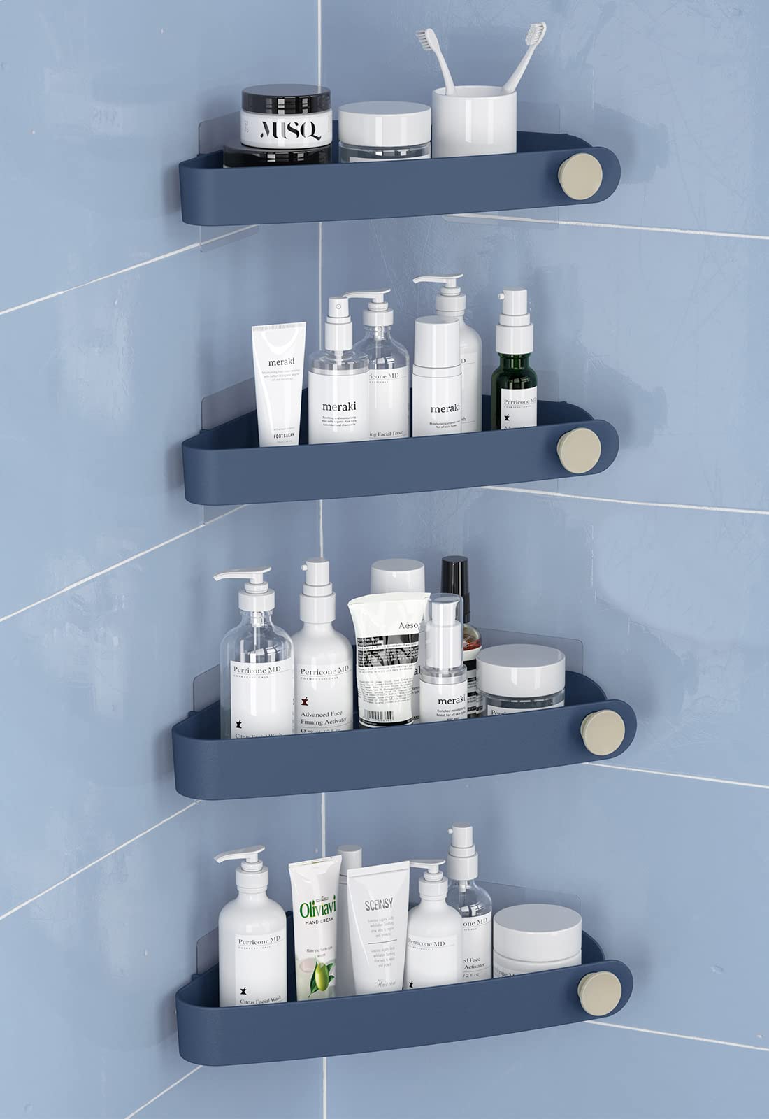 Corner Shower Shelf Organizer - 4 Pack Dark Blue Plastic Shower Caddy for Shampoo, Soap & Bath Essentials - Bathroom Wall Mounted Storage Solution for Showers, Bathtubs & Wet Areas
