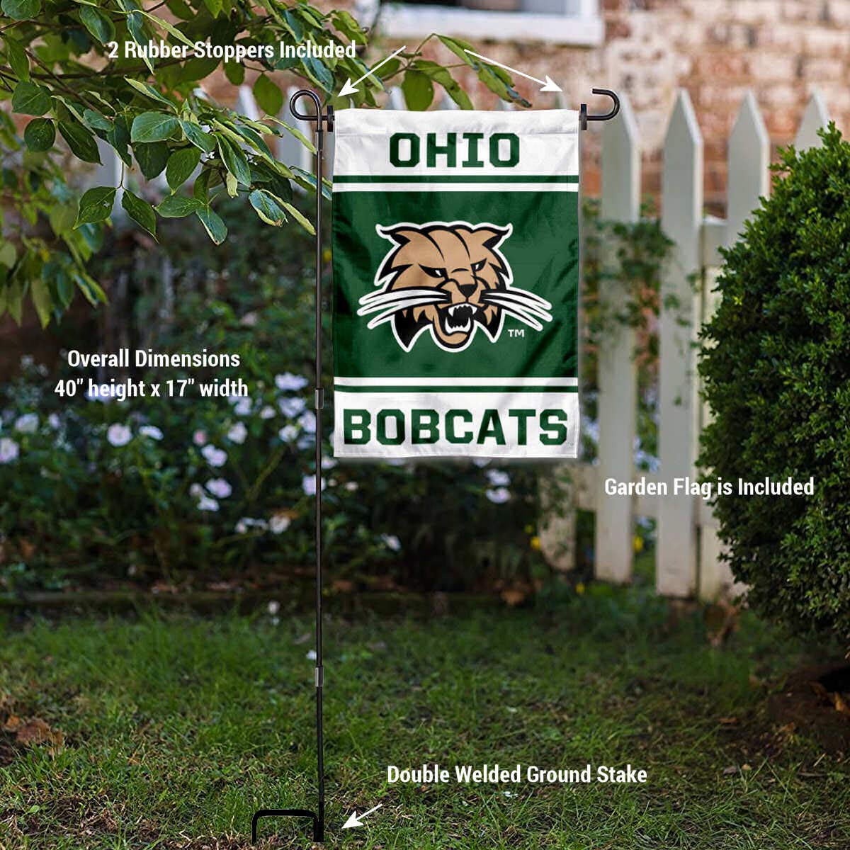 Ohio Bobcats Garden Flag with Stand Holder - College Flags & Banners Co. - Perfect for Game Day, Tailgating, and Campus Decor