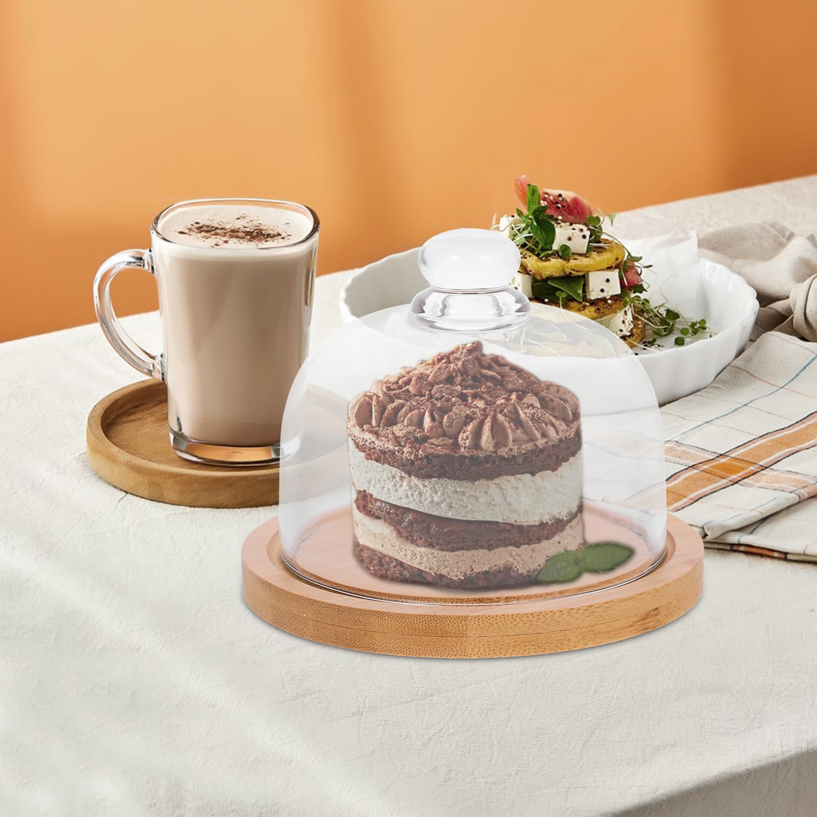 Cabilock 6.5 Inch Wooden Cake Stand with Glass Dome - Round Clear Cloche Dome Cake Plate for Dessert Display - Perfect for Cakes, Pastries, Cheese & Party Food Serving at Weddings, Tea Parties and Bakery Displays