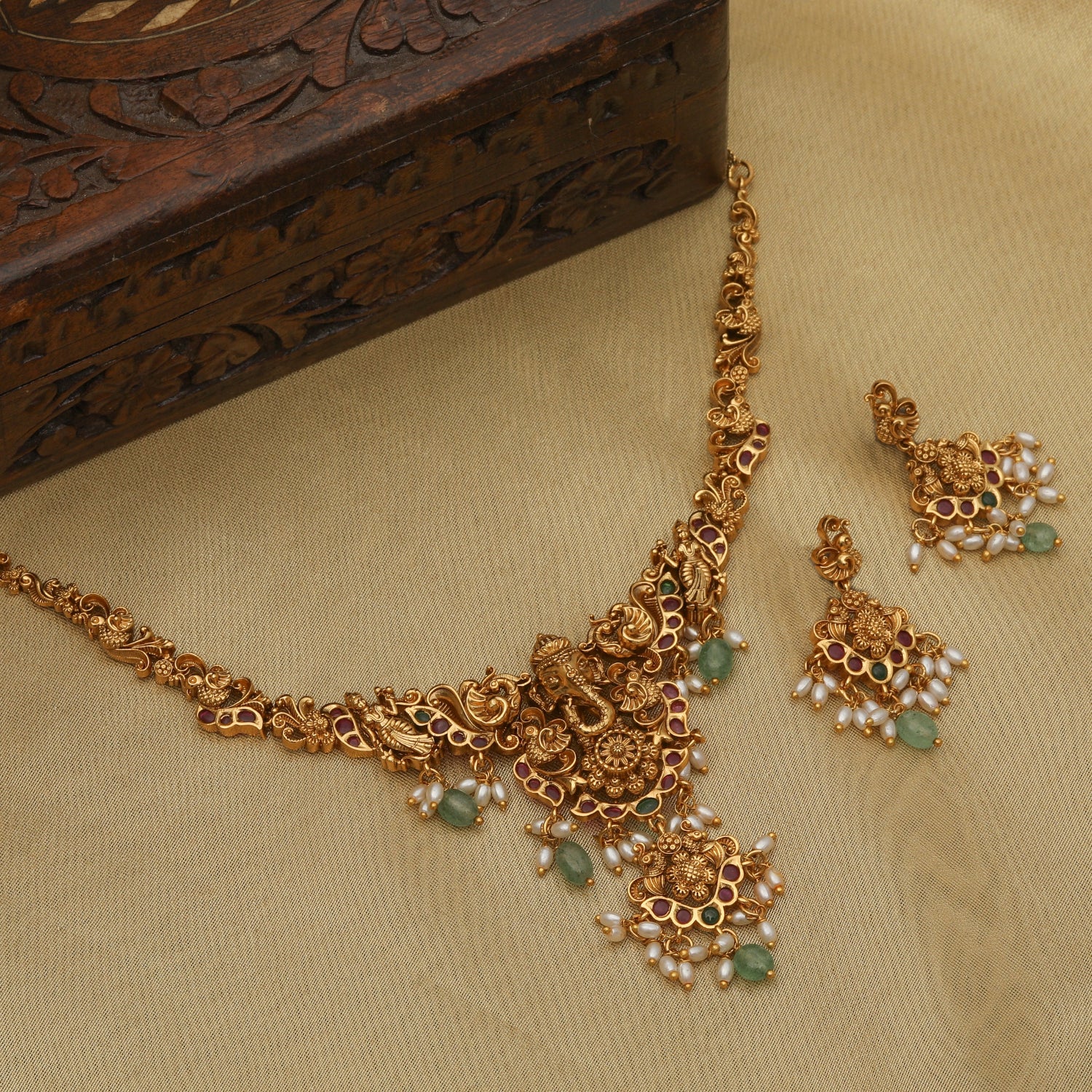 Vinayaka Antique Necklace Set - Handmade Ganesha Pendant Jewelry for Women - Spiritual Gift for Festivals, Weddings & Pooja Ceremonies