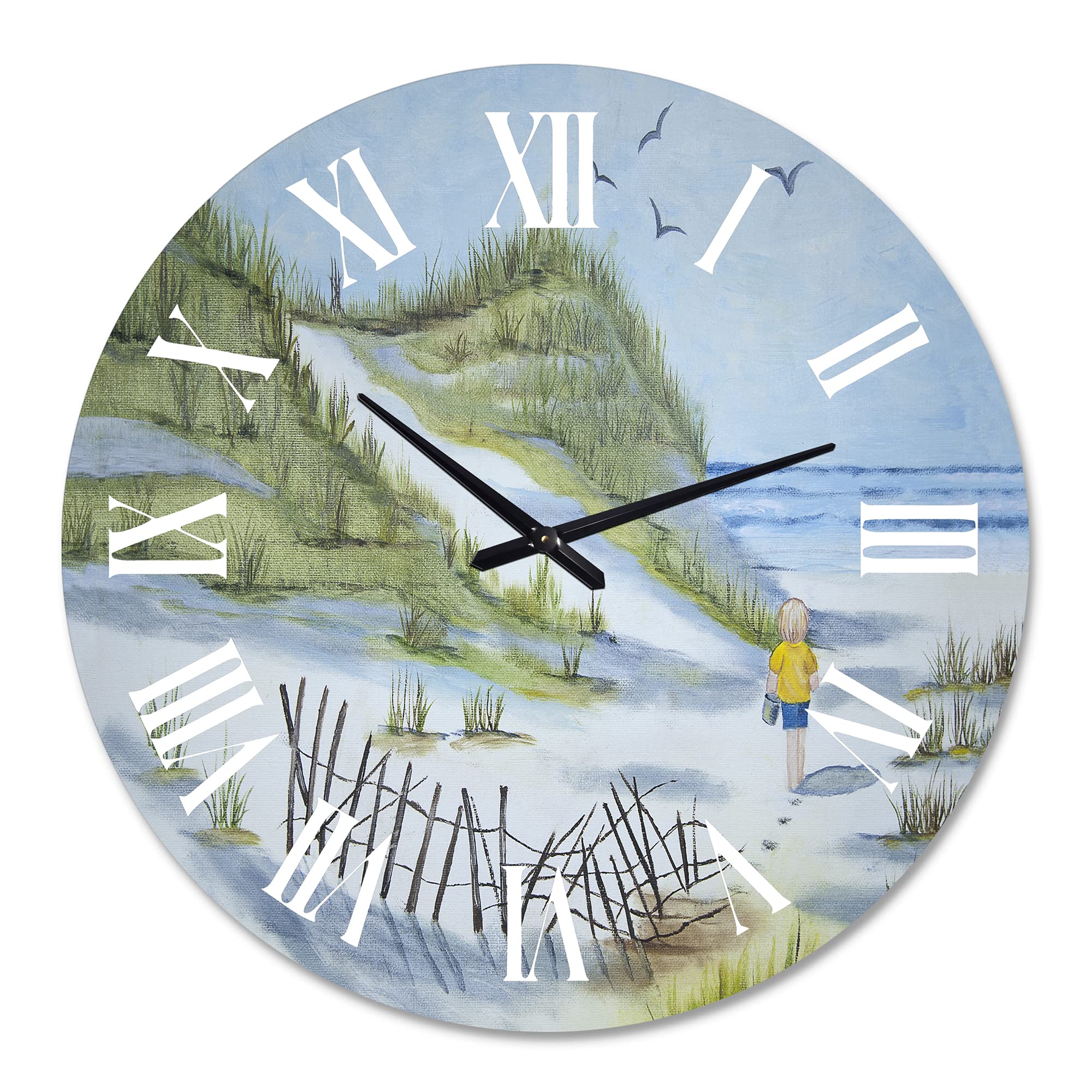 DesignQ Coastal Wall Clock - 'Child Walking The Beach' Blue Round Clock for Bedroom, Living Room & Office Decor | Perfect for Beach House, Nautical Theme & Home Interior Design