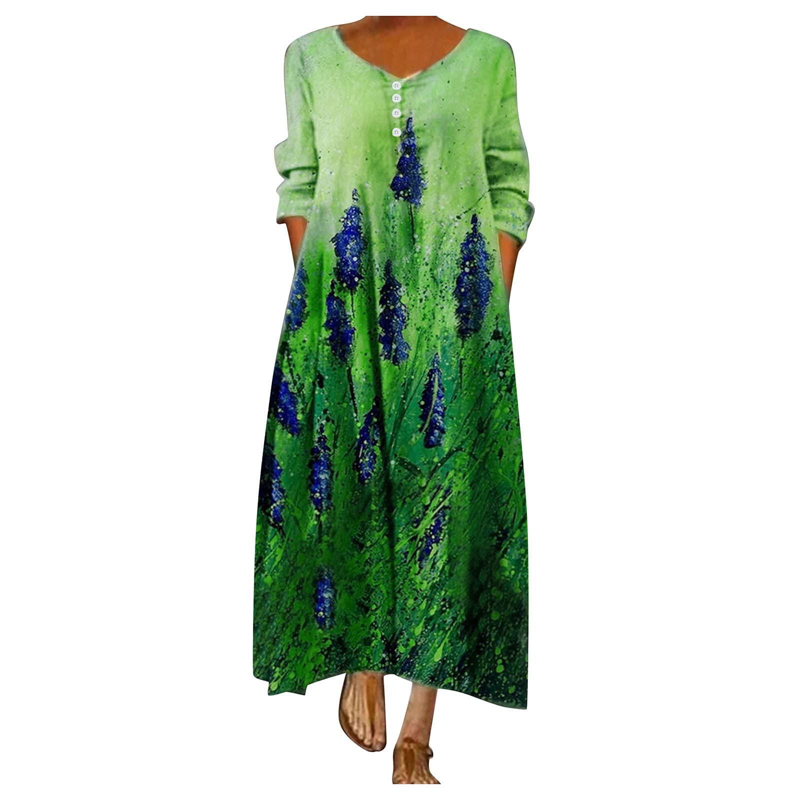 Elegant Long Sleeve Floral Maxi Dress for Women - Plus Size Gradient Loose Formal Dress with Pockets - Perfect for Beach, Wedding & Special Occasions