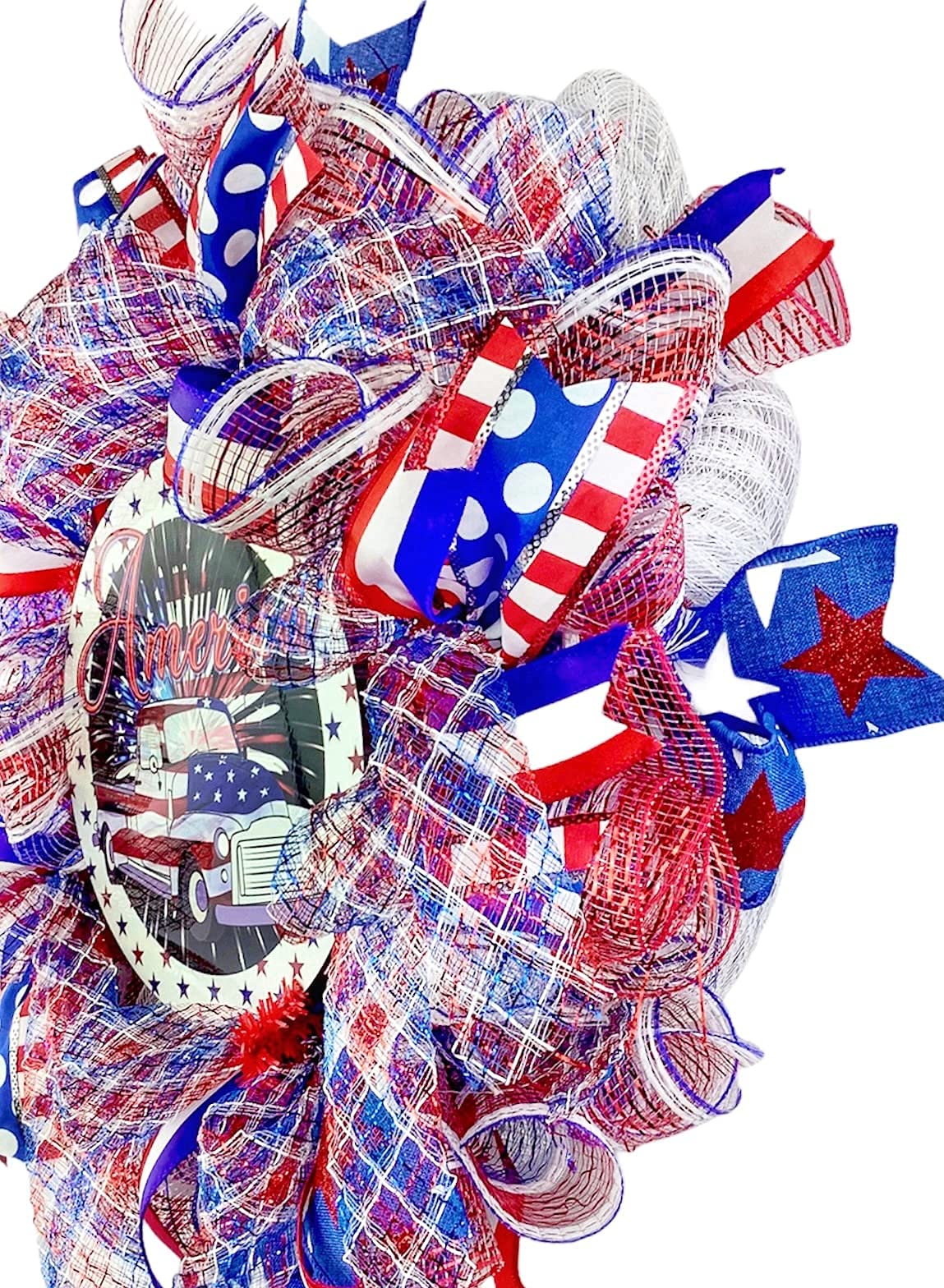 Patriotic Red White and Blue Truck Wreath for Front Door - Independence Day & July 4th Outdoor Decor - Perfect for Porch, House Entryway & Patriotic Holiday Celebrations