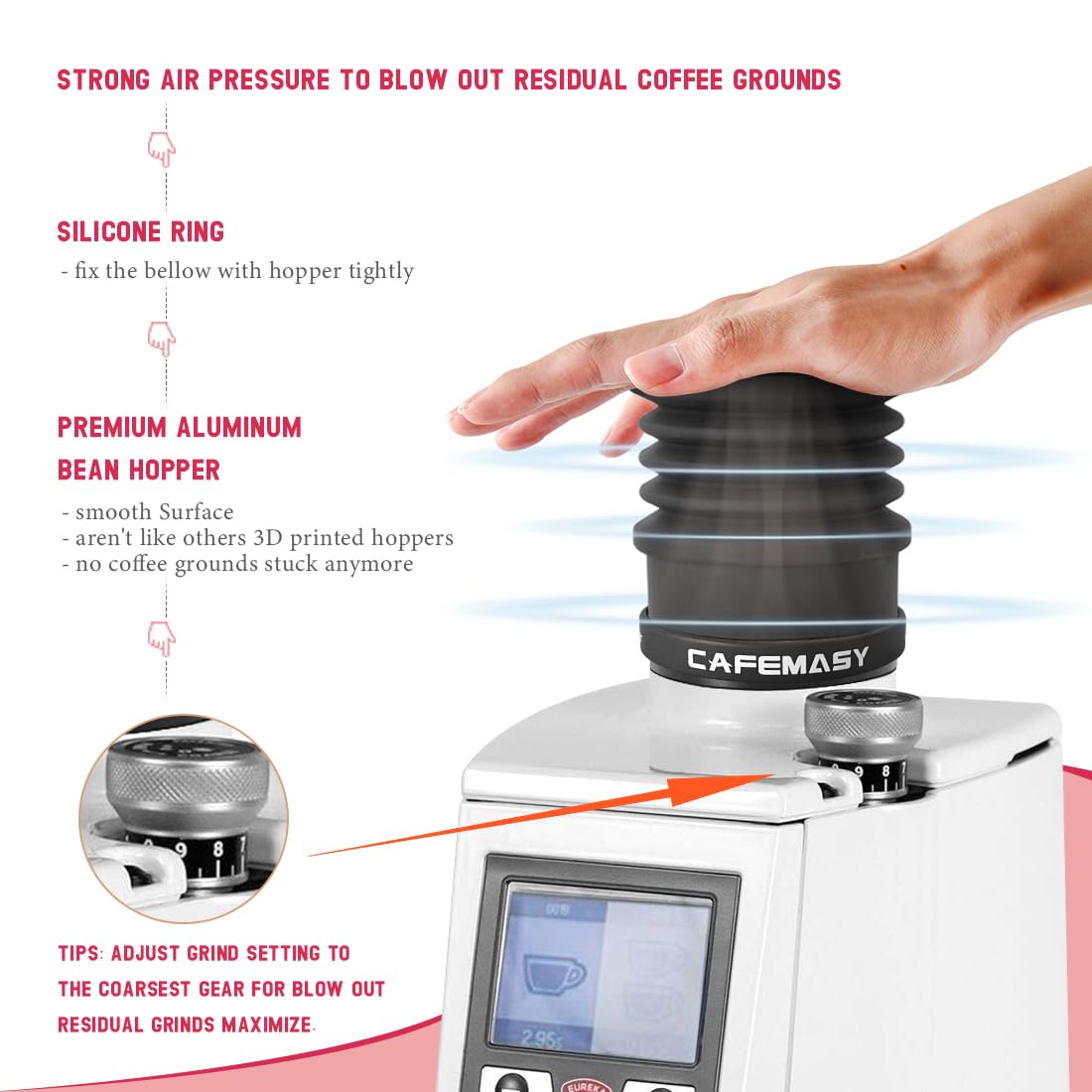 Eureka Atom Single Dose Coffee Grinder Hopper - Aluminum Compatible Hopper with Silicone Air Bellow & Lid - Perfect for Home Baristas & Specialty Coffee Brewing