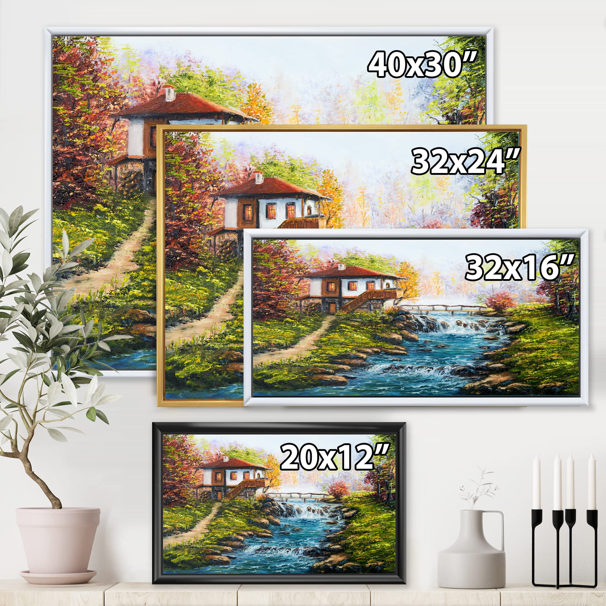 Traditional Bulgarian House and River - Lake House Framed Canvas Wall Art Print | Home Decor for Living Room, Bedroom & Office | Scenic Landscape Painting for Wall Decoration