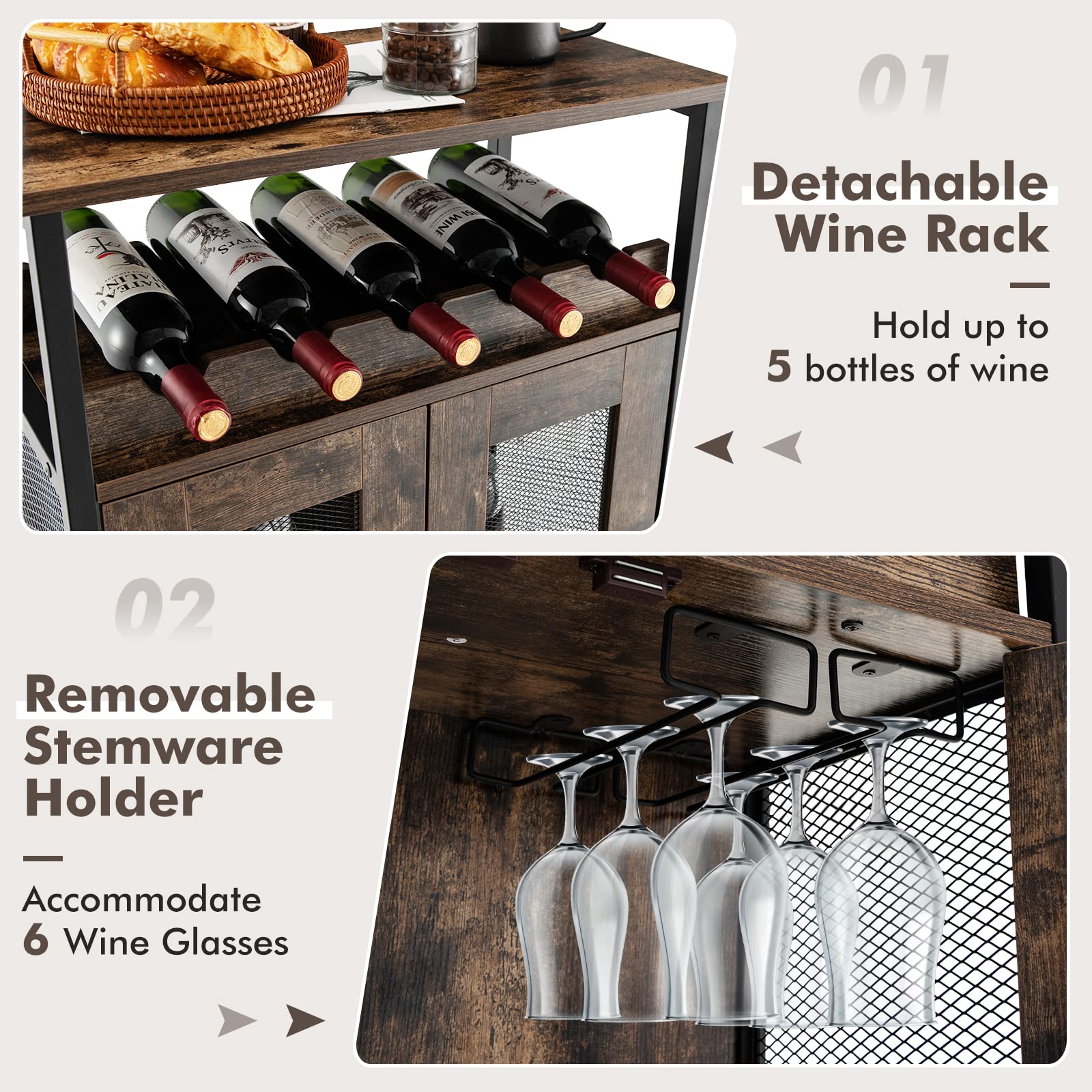 Industrial Wine Bar Cabinet with Removable Wine Rack & Glass Holder - Coffee Bar Storage Cabinet with Mesh Doors for Kitchen, Living Room, Dining Room | Perfect for Home Entertaining & Small Space Organization