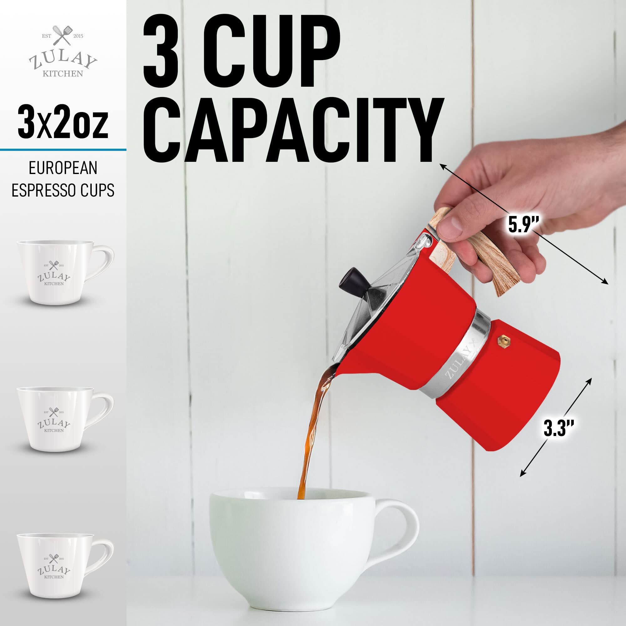 Zulay Stovetop Espresso Maker - 3 Cup Moka Pot for Classic Italian & Cuban Coffee - Portable Percolator for Camping, Travel & Home Use - Stainless Steel Coffee Maker (Red) - Perfect for Outdoor Adventures & Morning Brews