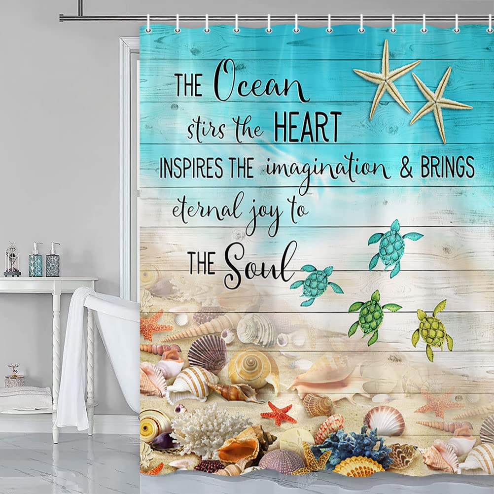 Sea Turtles & Nautical Starfish Shower Curtain - Waterproof Bathroom Decor with Rustic Wooden Board Design, 69x70 Inches Includes 12 Hooks - Perfect for Beach Themed Bathrooms, Coastal Home Decor & Ocean Lovers' Spaces