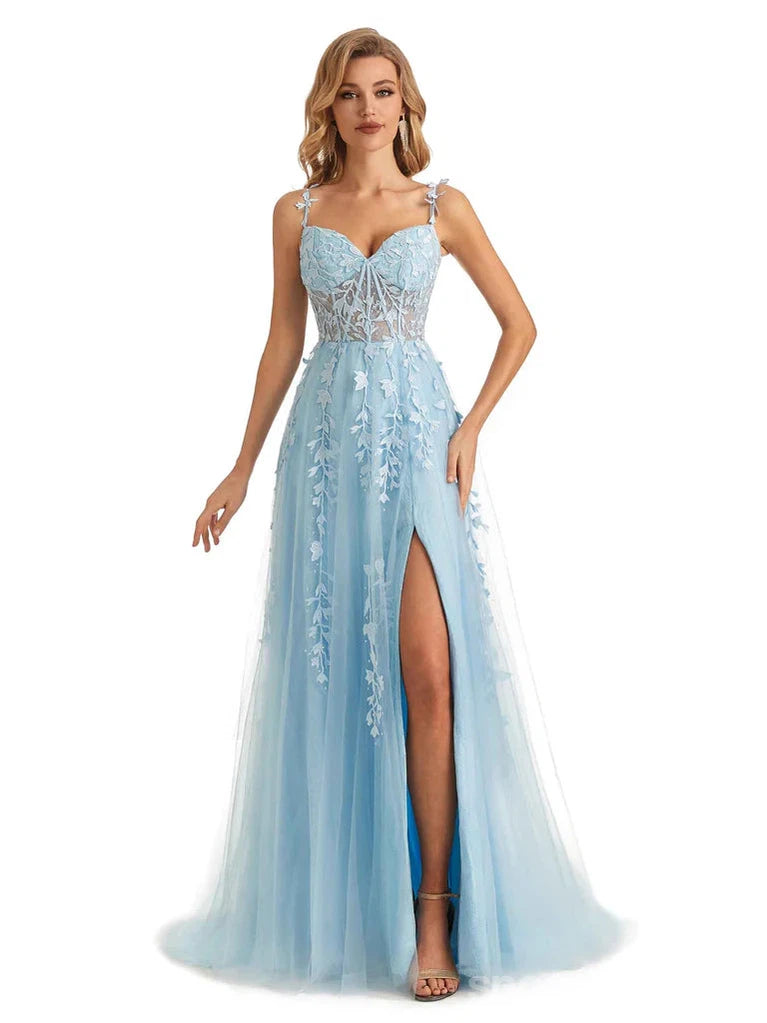 Elegant Blue A-Line Spaghetti Strap V-Neck High Slit Long Prom Dress for Women - Perfect for Homecoming, Evening Parties & Formal Events