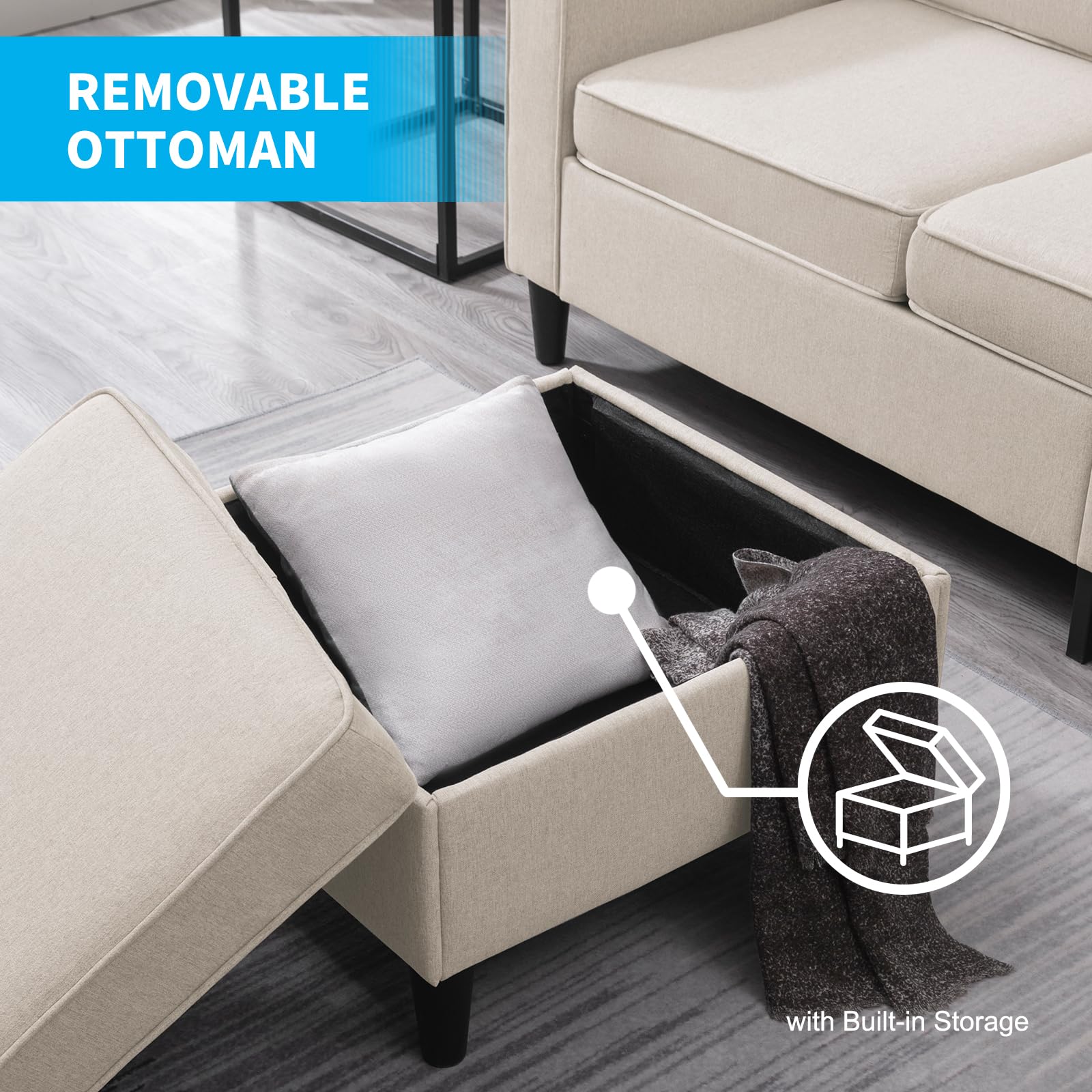 Modern L-Shaped Sectional Sofa with Chaise and Storage - 2-Piece Modular Couch Set for Small Spaces, Living Room, Apartment & Bedroom - Beige Fabric - Perfect for Entertaining Guests or Relaxing in Compact Homes