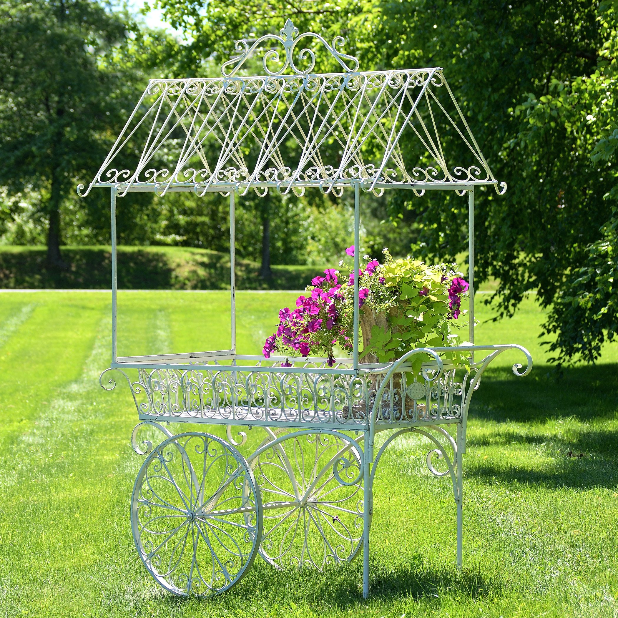 Distressed White Large Flower Cart with Roof & Wheels - Perfect for Garden Decor, Outdoor Weddings, and Farmers Market Displays