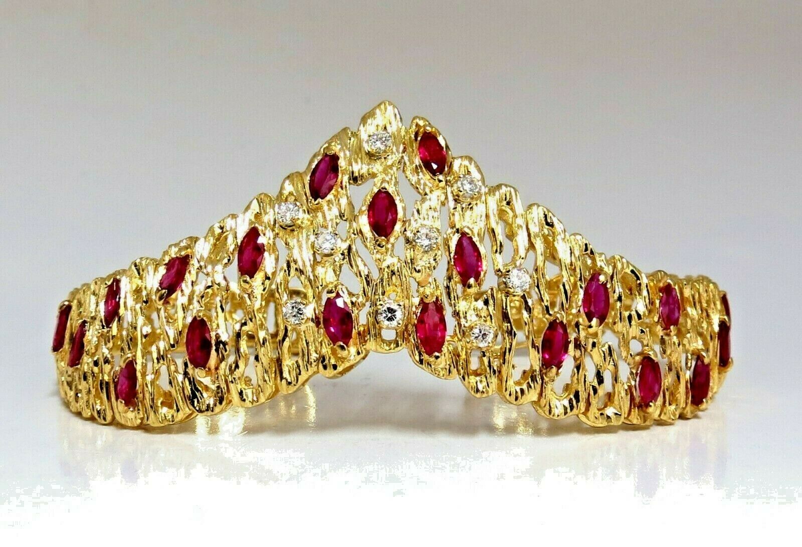 6.00ct Natural Ruby Diamond Coral Patina Chevron Cuff Bracelet 18K Gold - Elegant Statement Jewelry for Weddings, Parties & Special Occasions