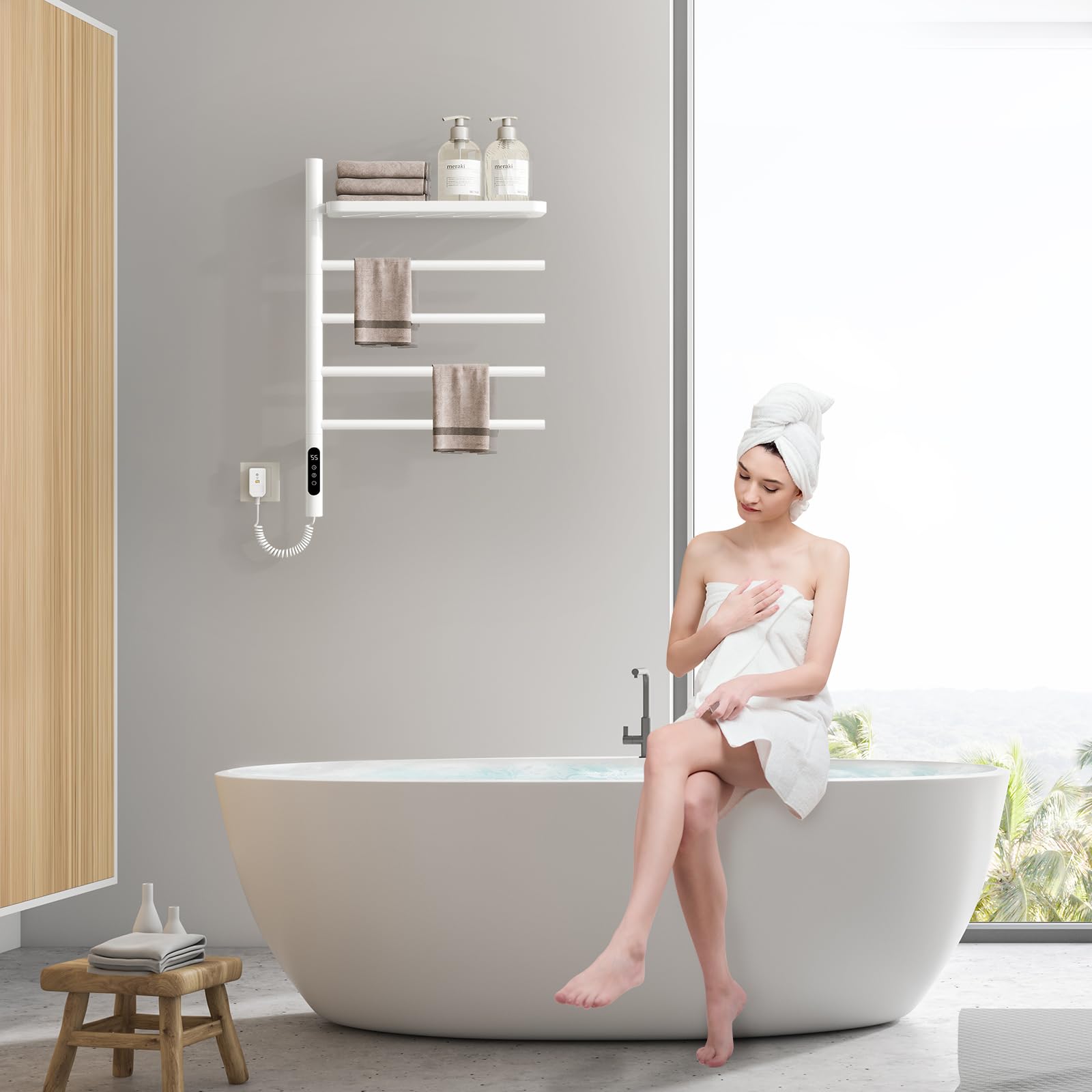 Swivel Heated Towel Rack - Wall Mounted Electric Towel Warmer with 4 Adjustable Round Bars & Built-in Timer, White Bathroom Towel Dryer with Storage Tray - Perfect for Bathrooms, Spas, Salons & Luxury Hotels (G64-White)