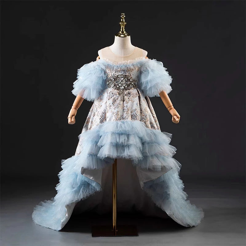 Royal Blue Satin Flower Girl Dress with Scoop Neck & Sweep Train - Perfect for Weddings, Pageants & Special Occasions