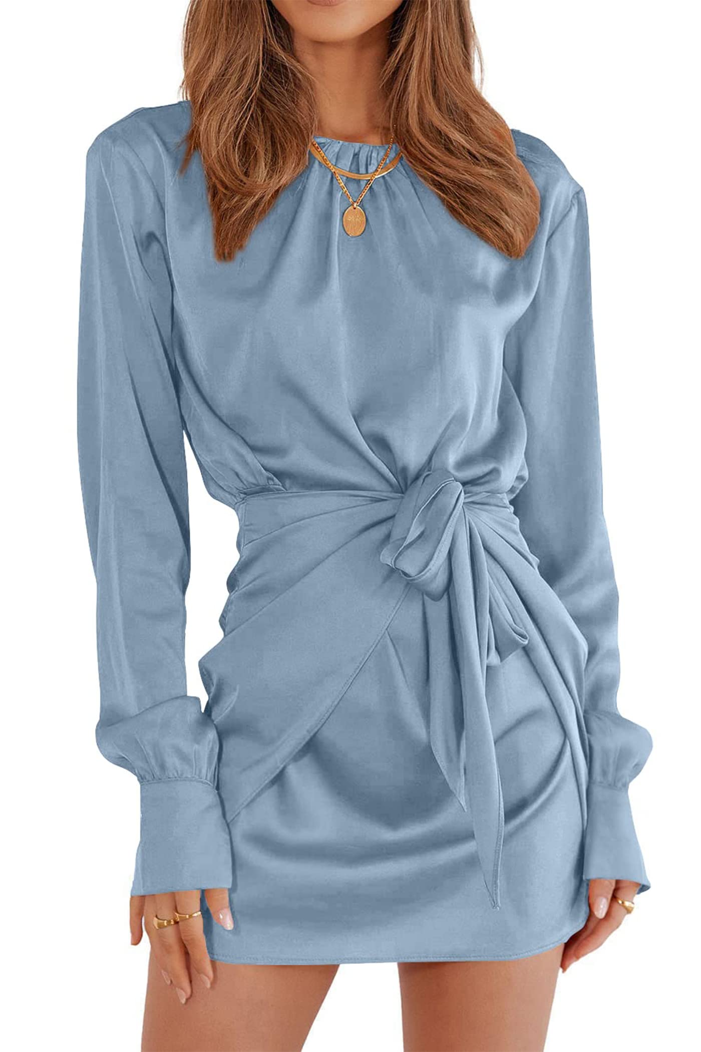 PRETTYGARDEN Women's Elegant Satin Cocktail Dress with Long Sleeves & Tie Waist - Perfect for Spring/Fall Parties, Weddings, Date Nights & Special Occasions