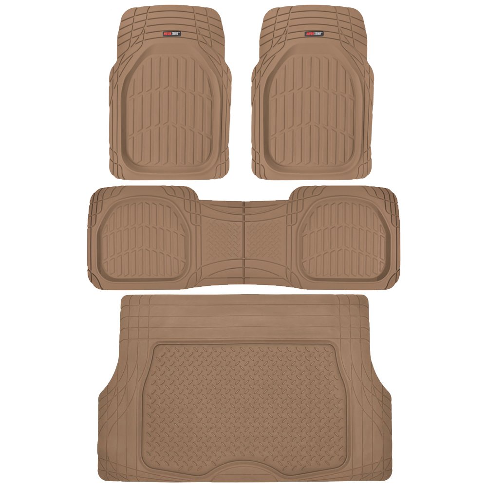 Motor Trend Original FlexTough Beige Rubber Car Floor Mats with Trunk Cargo Liner - Heavy Duty All Weather Automotive Floor Mats, Custom Trim to Fit Design for Cars, Trucks, Vans & SUVs | Perfect for Off-Road, Winter & Everyday Protection
